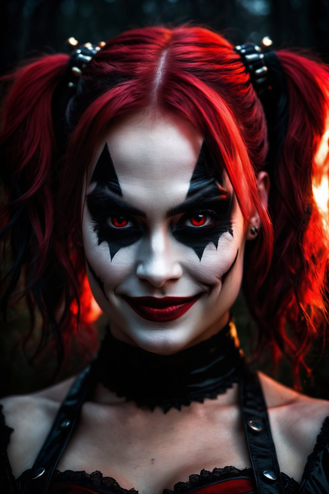 (best quality,4k,8k,highres,masterpiece:1.2),ultra-detailed,(realistic,photorealistic,photo-realistic:1.37),dark evil style,Harley Quinn,fantasy,creepy look,creepy smile,portrait,gloomy atmosphere,distorted make-up,dark clothing,menacing eyes,smudged lipstick,gothic setting,ominous lighting,gritty details,sinister expression,shadowy background,hauntingly beautiful features,macabre vibe,unsettling charm,ominous color palette,sharp contrast,menacing gaze,sinister grin,evil intentions,untamed hair,fiery red and black hair,piercing eyes,vividly dark colors