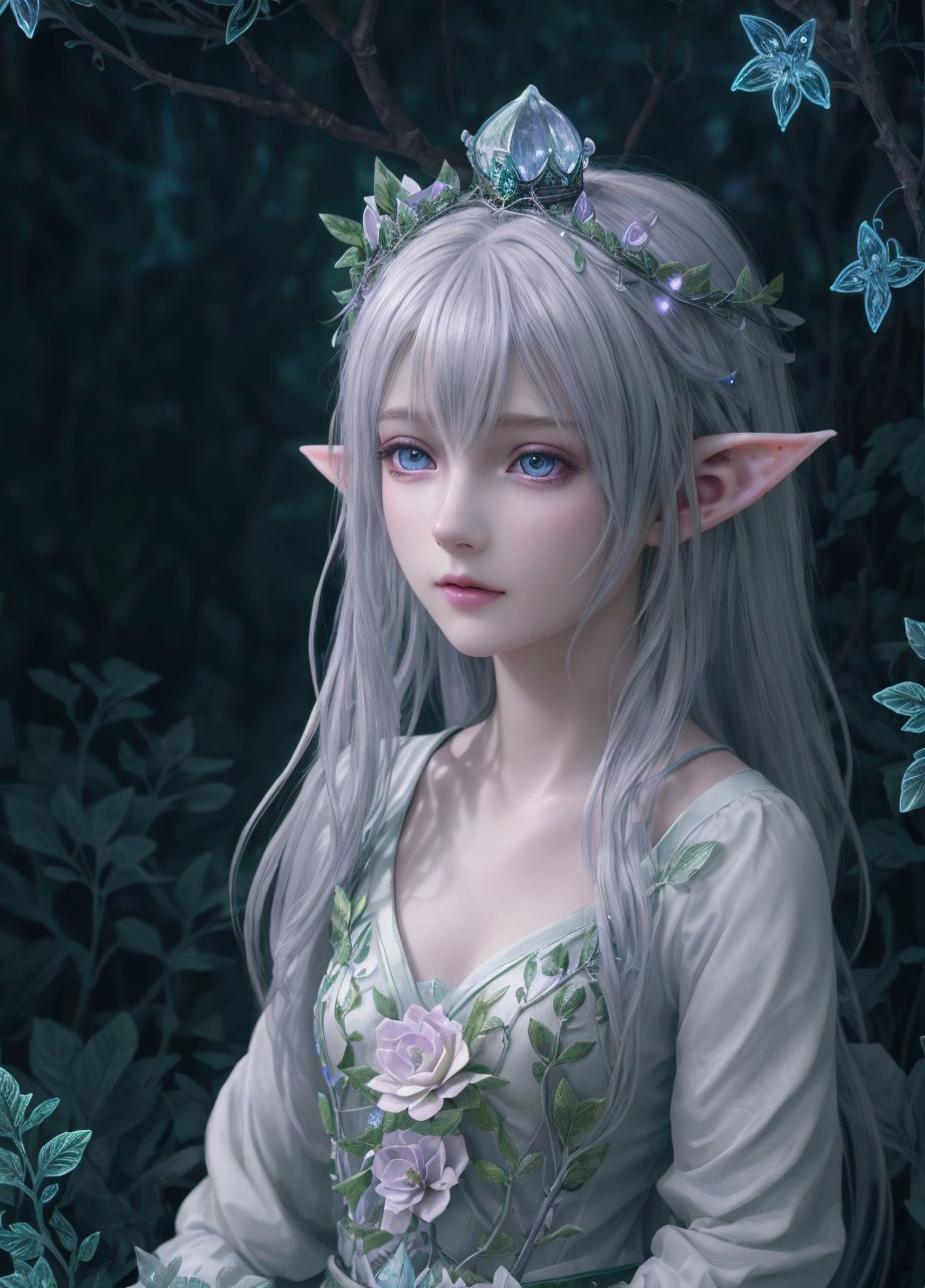 HDR, Ultra detailed illustration of a elf  with crown lost in a magical world full of wonders forest, unique luminous flora, highly detailed, pastel colors,  digital art, art by Mschiffer, night, dark, grey bioluminescence, (darkness background:1.2), 1girl, white skin, pale skin, ,more detail 
