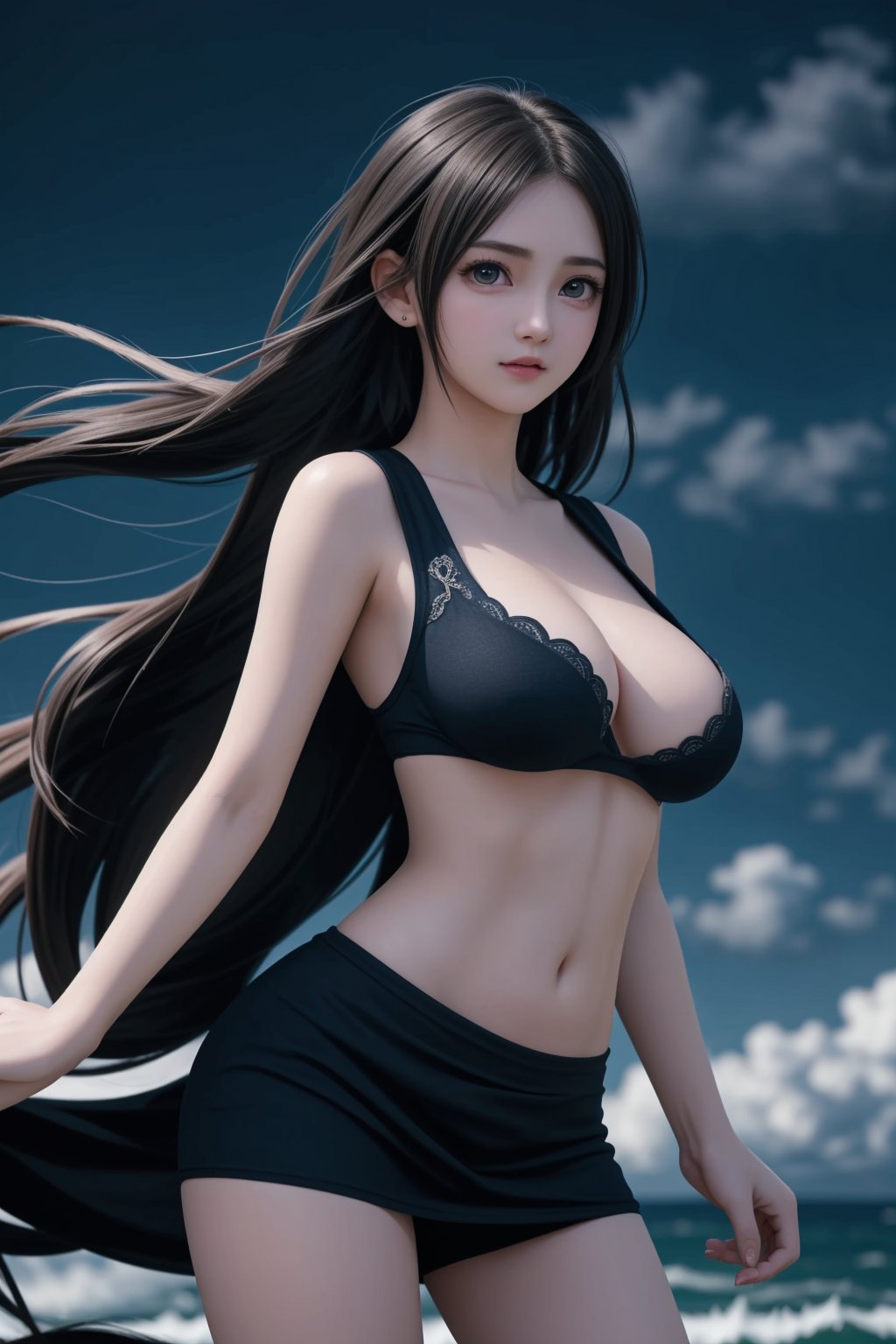 ((Masterpiece)), ((High resolution)), ((Fine detail)), (High-definition CG), high contrast, HDR, (official art),
(a beautiful girl, 17 years old, big eyes, gorgeous eyes, 1girl, flowing long hair by the wind, sexy, beautiful:1.3),
  perfect breasts, round boobs, fair skin,  dark blue background, (dynamic pose:1.2) ,,<lora:659111690174031528:1.0>