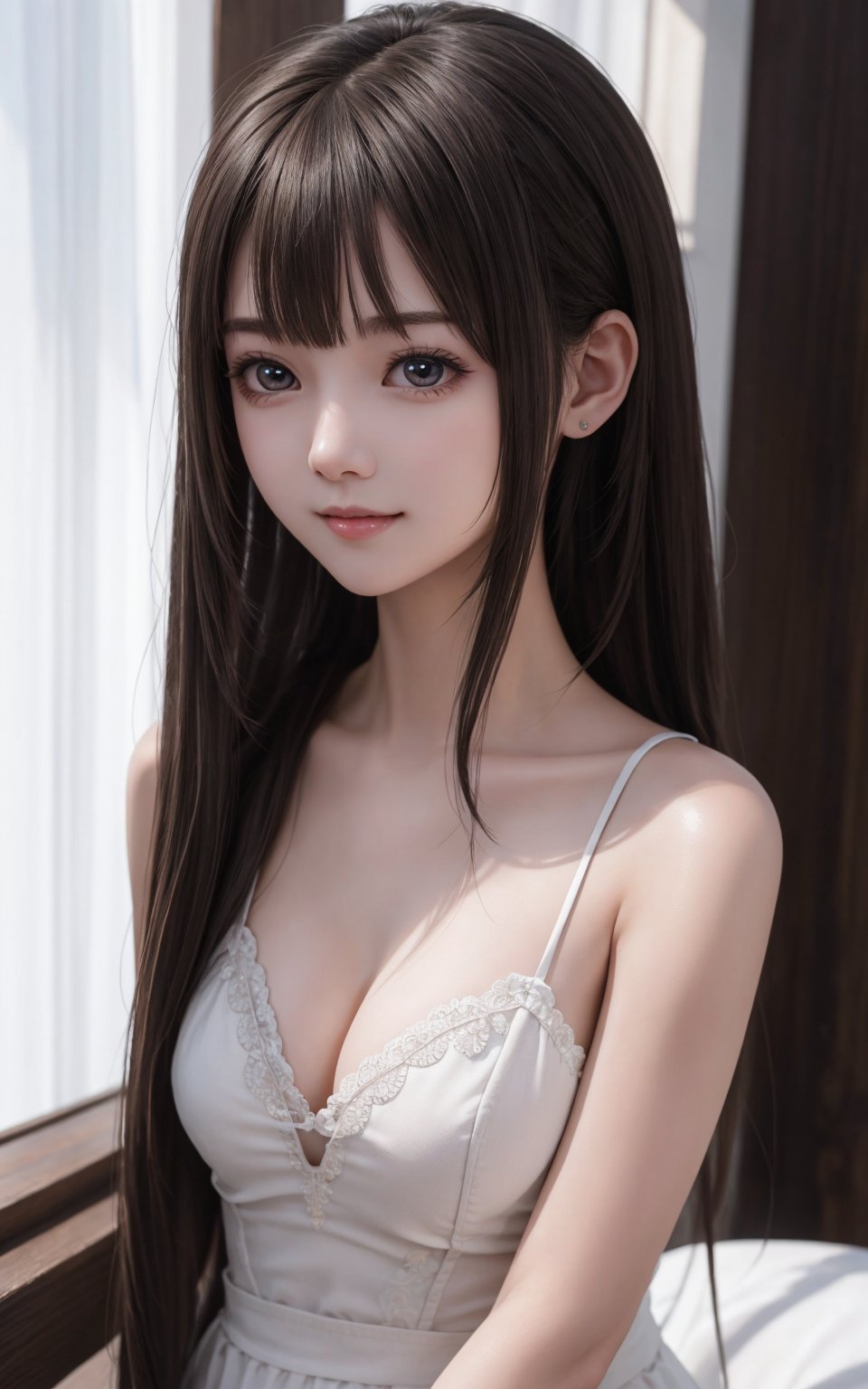 a Realistic girl, 20 year old, white skin like porcelain, gorgeous face, perfect height, white skin, dark background, rim light, glowing in the dark, beautiful woman, big rounded natural eyes, amazing long straight hair with side bangs, Sleek and Shiny hairstyles, cute happy face, center image, style, 8k Resolution, human hands, elegant, dynamic, highly detailed, smooth, amazing Incredibly beautiful,

,more detail ,