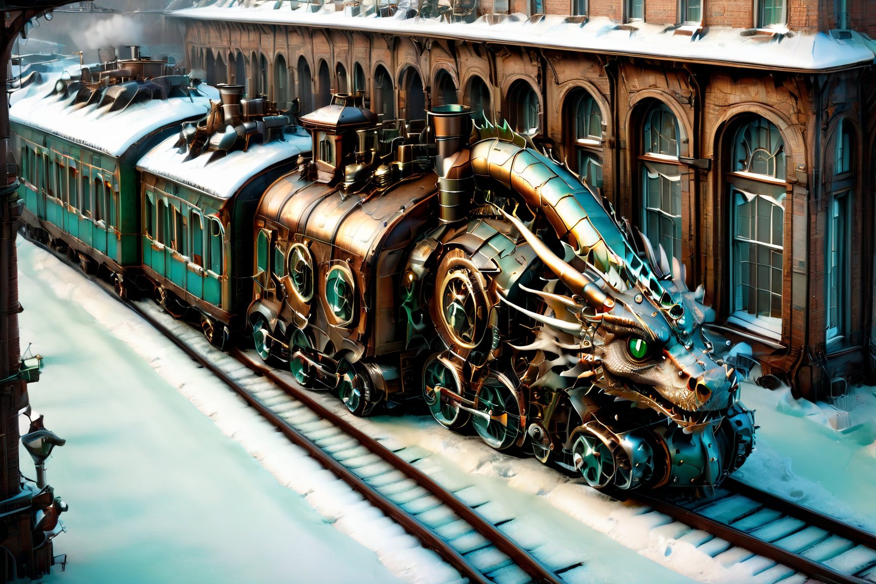 realistic photo of dragon train,a steampunk style,(viewed from above:1.5),(masterpiece),(best quality),wheels, dragon train on railroads ,steam ,falling snow,snow scenery, post-apocalyptic world,steam punk city background,buildings background,wide angle:1.5,dragon train,ste4mpunk