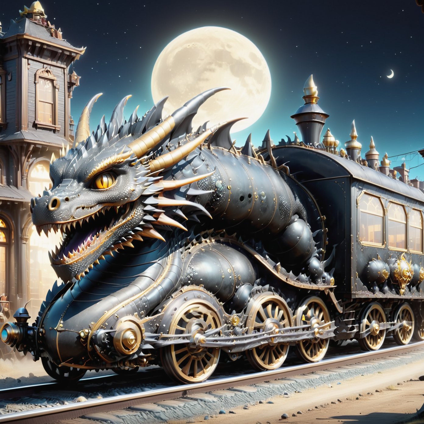 (Top Quality: 1.4),( Art by Skottie Young), (Unparalleled Masterpiece),(Ultra High Definition),(Ultra-Realistic 8k CG), ,horror,dragon train,moonlight,driving vehicle,night sky background,in dark old western town,  , hyper realistic cover photo awesome full color, Cinematic, (hyper detail: 1.2),, perfect anatomy,,more detail XL,dragon train,Obsidian_Gold