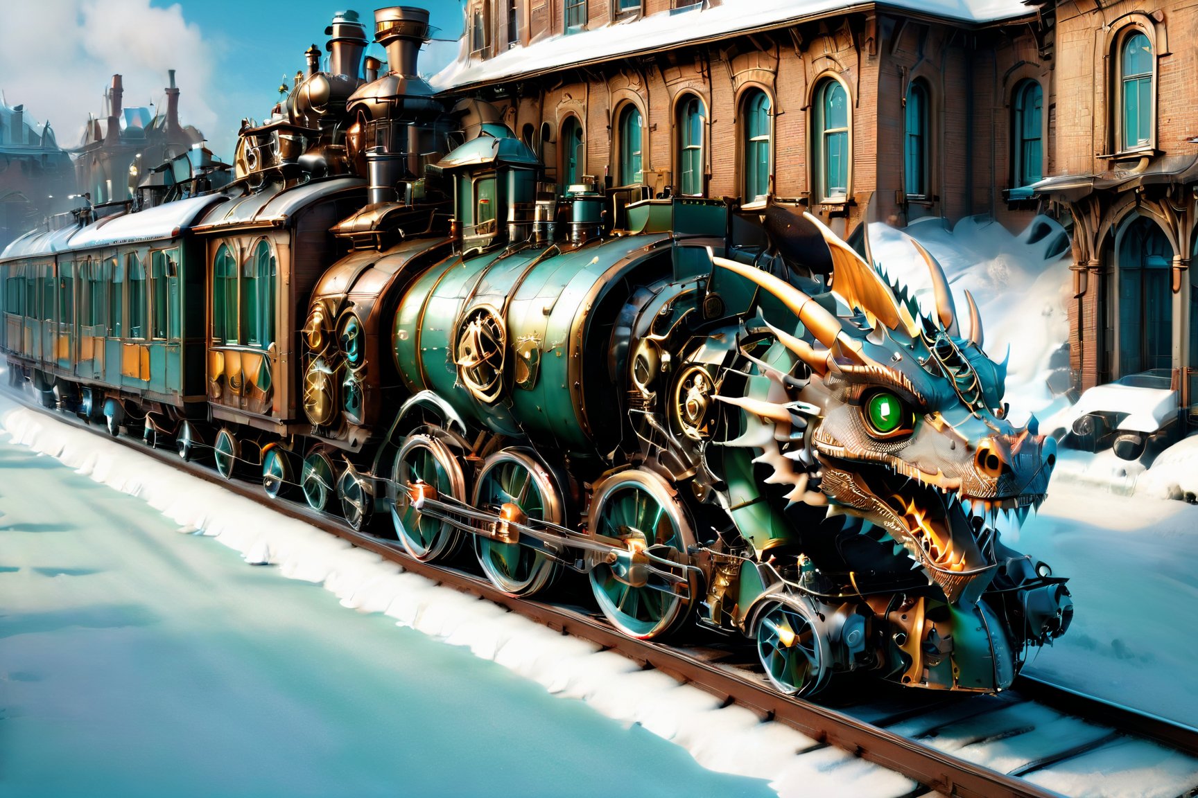 realistic photo of dragon train,a steampunk style,(wide angle),viewed from above:1.5),(masterpiece),(best quality),wheels, dragon train on railroads ,steam ,falling snow,snow scenery, post-apocalyptic world,steam punk city background,buildings background,wide angle:1.5,dragon train,ste4mpunk