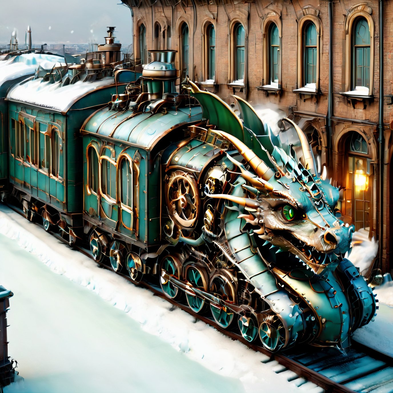 realistic photo of dragon train,a steampunk style,(viewed from above:1.5),(masterpiece),(best quality),wheels, dragon train on railroads ,steam ,falling snow,snow scenery, post-apocalyptic world,steam punk city background,buildings background,wide angle:1.5,dragon train,ste4mpunk