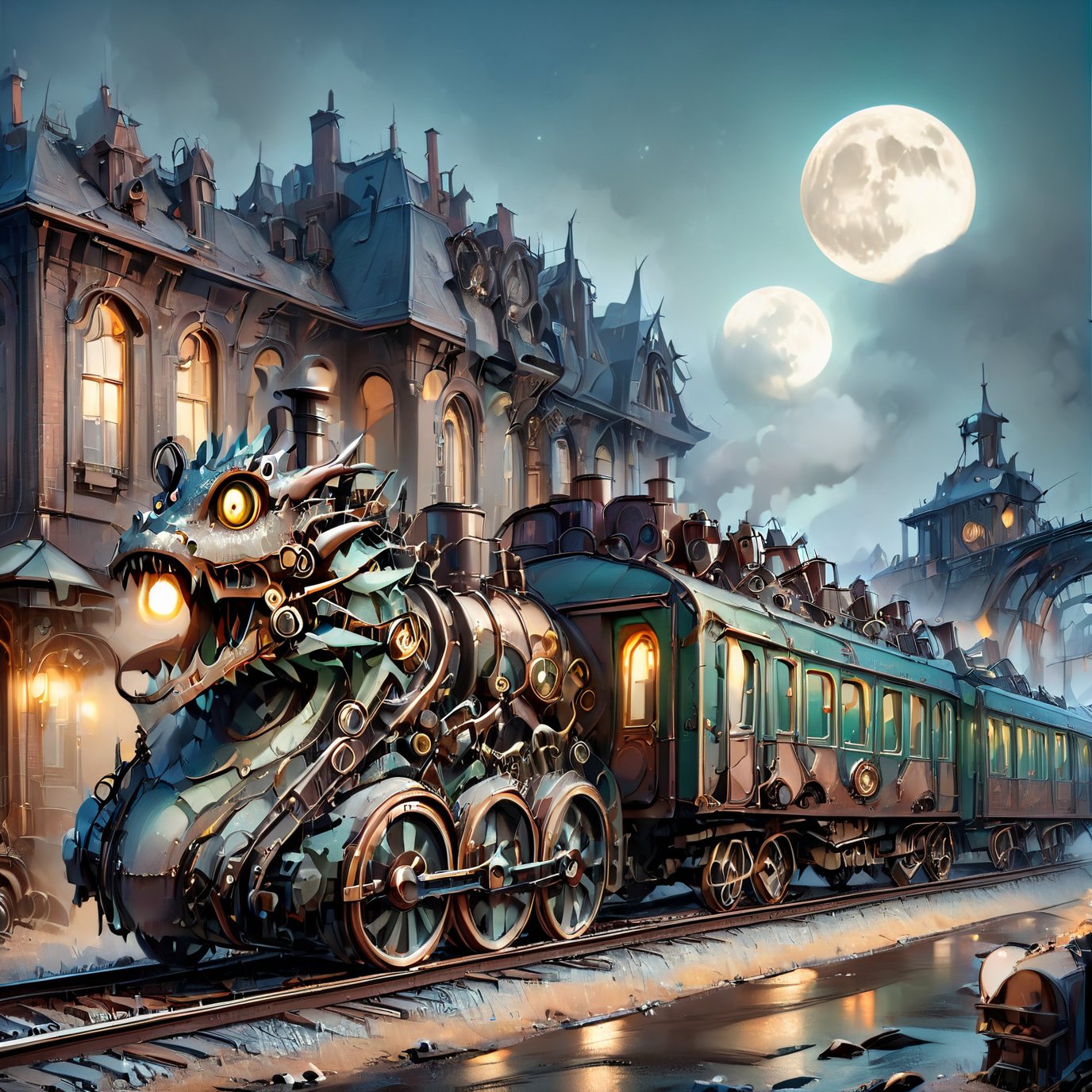 night time,realistic photo of dragon train,a steampunk style,(masterpiece),(best quality),wheels, dragon train on railroads ,steam ,moon night,perfect lighting, post-apocalyptic world,steampunk station background,buildings background,wide angle:1.5,dragon train,ste4mpunk city background,donmcr33pyn1ghtm4r3xl  