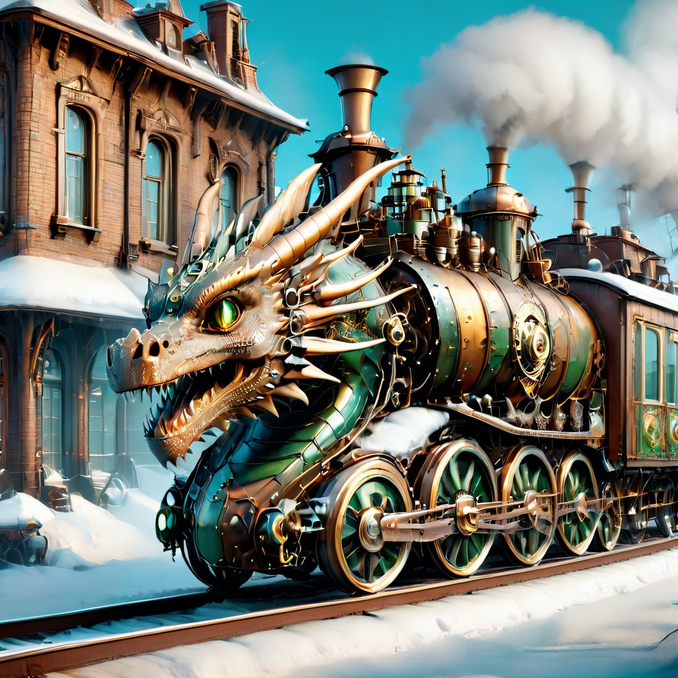 realistic photo of dragon train,a steampunk style,(viewed from below:1.5),(masterpiece),(best quality),wheels, dragon train on railroads ,steam ,falling snow,snow scenery, post-apocalyptic world,steam punk city background,buildings background,wide angle:1.5,dragon train,ste4mpunk