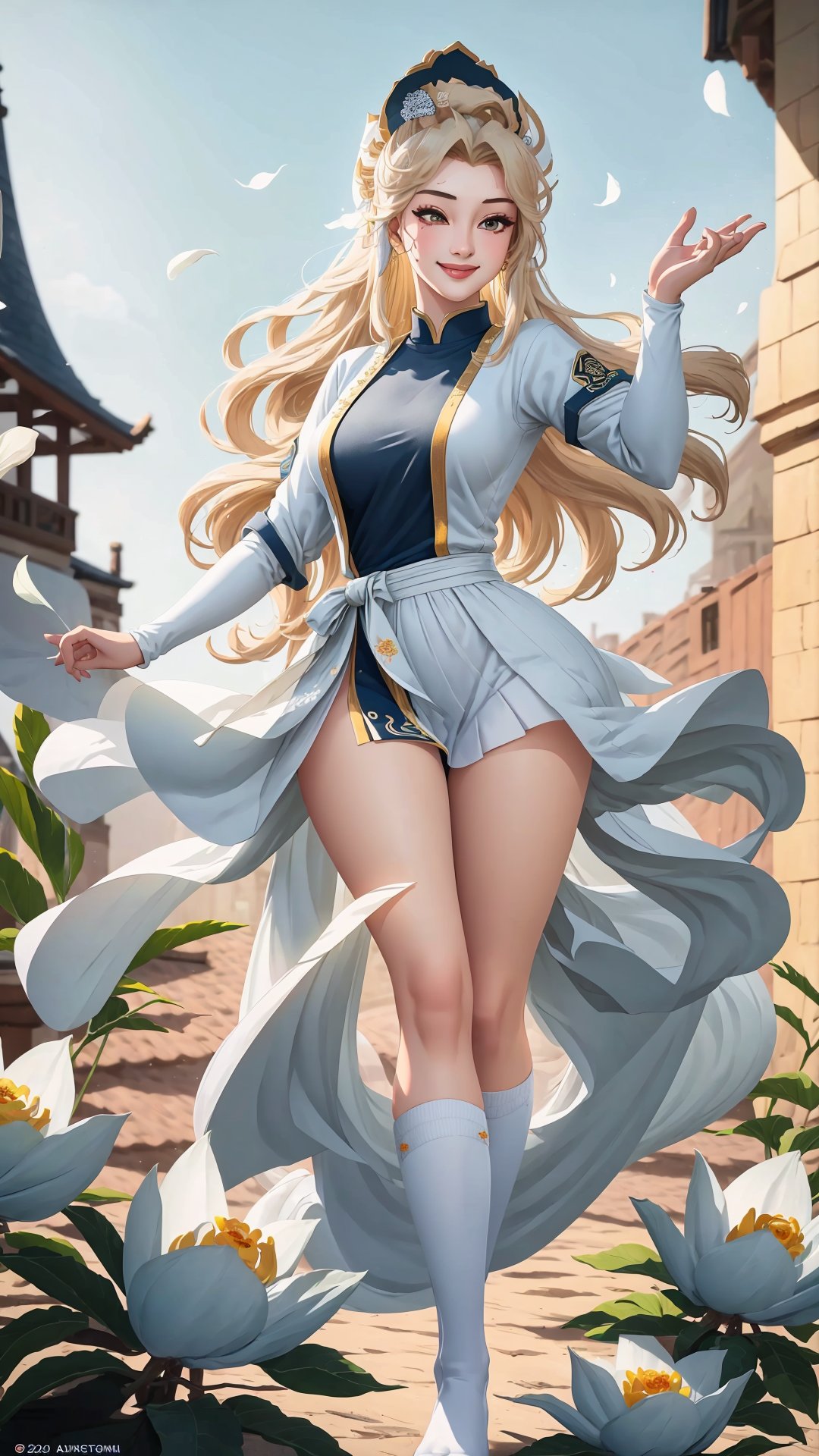 1girl,  full body,  21yo,  fit,  long blond hair,  hair ornaments,  beautiful flower white dress,  knee high socks,  dynamic pose,  smirk,  hyper realistic,  absurdres,  masterpiece, guanyin, photorealistic,<lora:EMS-282368-EMS:1.000000>