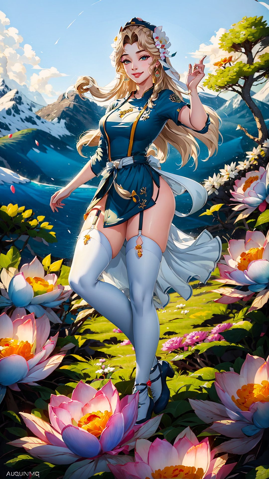 1girl,  full body,  21yo,  fit,  long blond hair,  hair ornaments,  beautiful flower white dress,  stockings,  outdoors,  moutain,  meadow,  dynamic pose,  smirk,  hyper realistic,  absurdres,  masterpiece, guanyin, photorealistic,<lora:EMS-282368-EMS:1.200000>