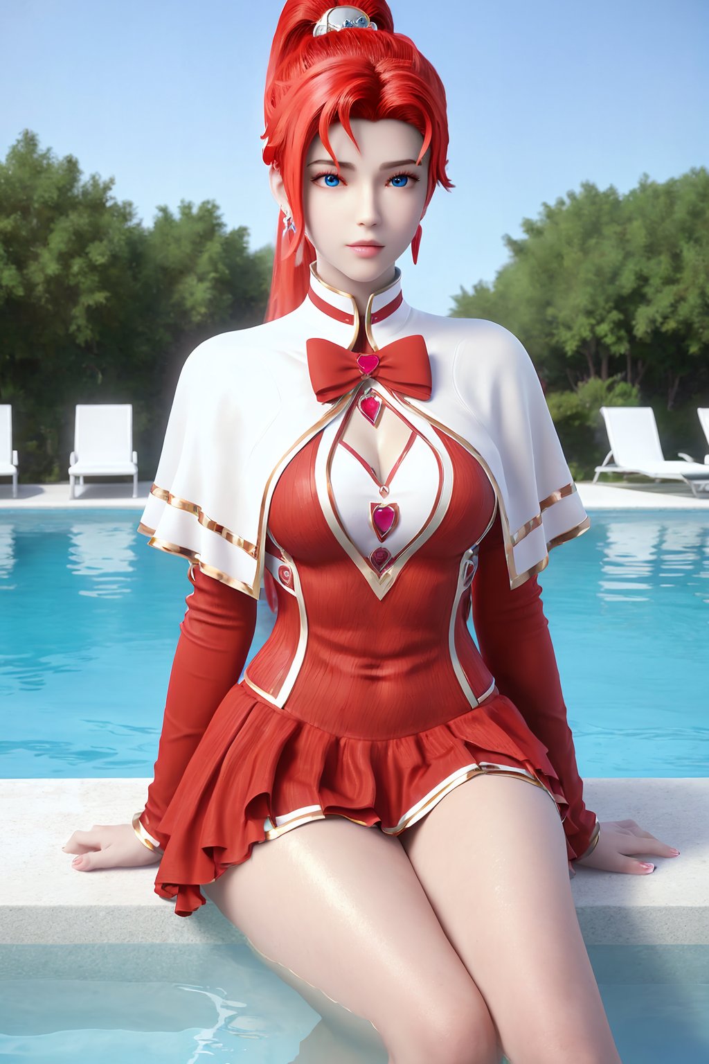 sitting, (crossed_legs), dress, chinese_clothes, long_sleeves, looking_at_viewer, (scenery, swimming_pool, water, wading),1girl,solo ,blue_eyes, red_hair, brooch, bow, ponytail, hair_ornament,  jewelry, earrings, heart, red_bow, fingers, fingernails, nail_polish, makeup, photo_\(medium\),(8k, RAW photo, best_quality, masterpiece:1.2),(realistic, photorealistic:1.3),(ultra-detailed),(extremely_detailed_cg_8k_wallpaper),(crystalstexture_skin:1.2),(shiny_skin:1.4),(extremely_delicate_and_beautiful), <lora:syqiangk_加强_重置_李馨_C9_5.2.3:0.8>,