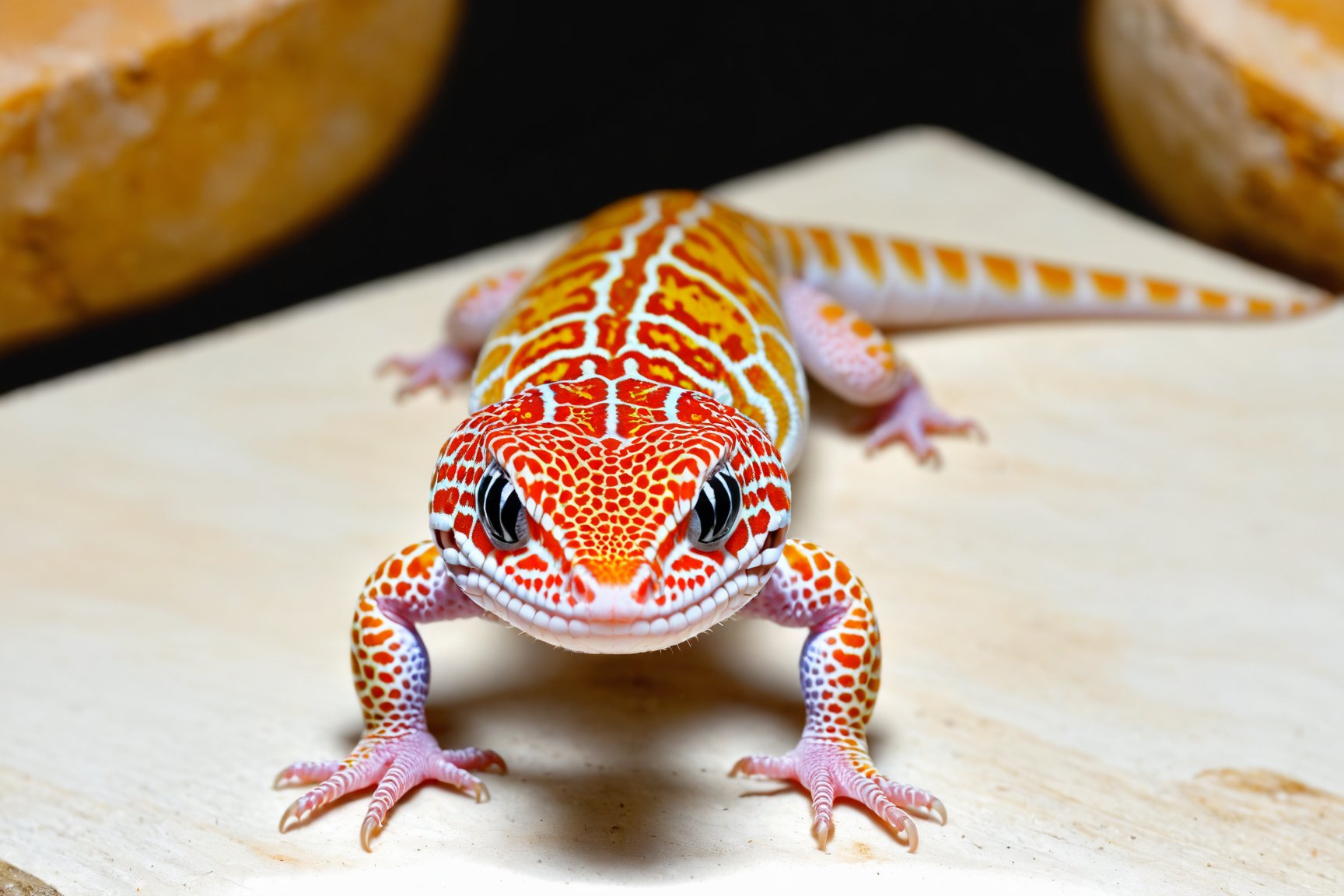 Albino Striped Leopard gecko is staring nervously sharp focus) (high-definition, (((full body shot: 1.5))), shot from above, Even the tail appears on the screen.
