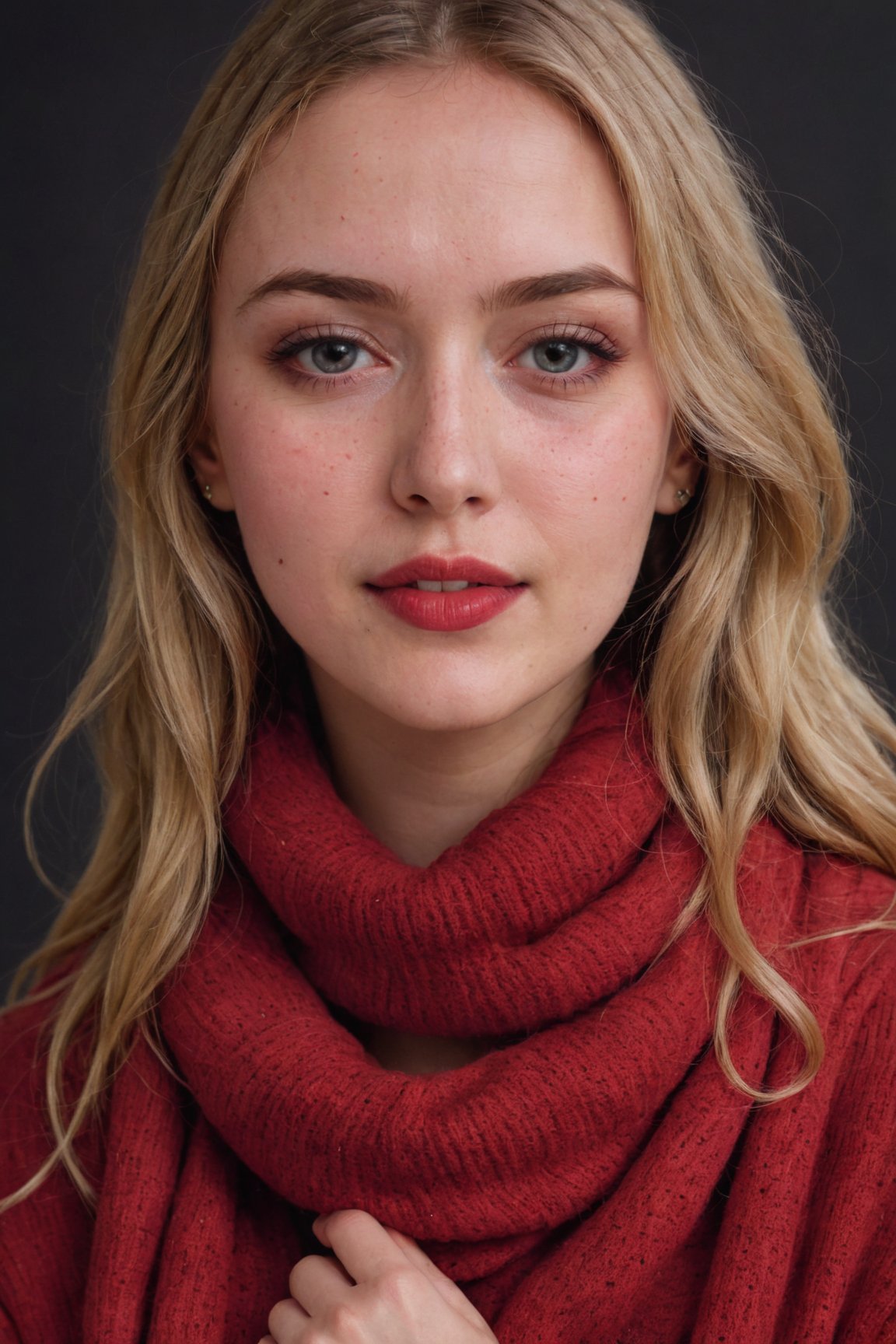 Analog RAW photo portrait of the most beautiful woman in the world with blonde hair and big bright eyes and shiny lips with dark makeup wearing a red sweater and scarf, dark theme, full glossy red lips, masterpiece, ultrarealistic, skin details, a wide smile, blushed cheeks, a sparkle of freckles
