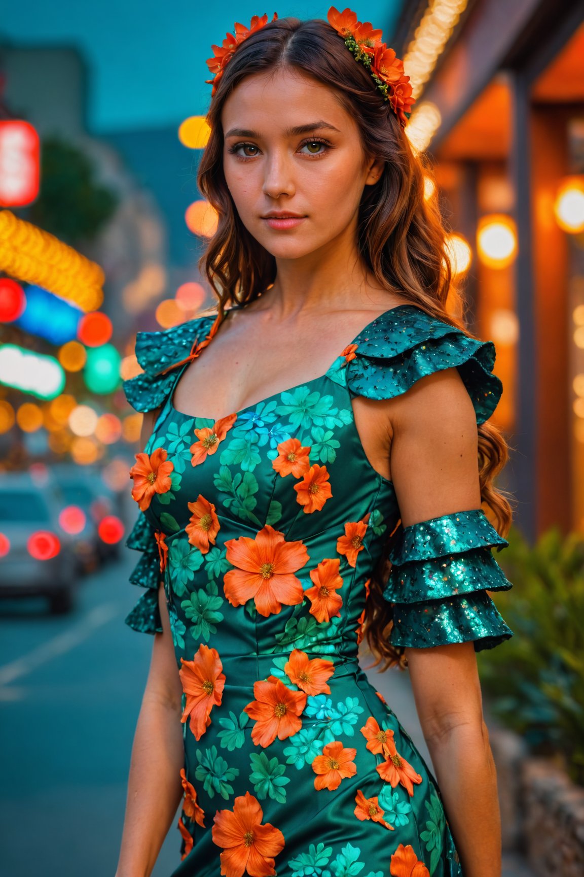 ultra hires, ultra detailed, masterpiece, best quality, woman, flower dress, colorful, darl background, flower armor, green theme, exposure blend, medium shot, bokeh, (hdr:1.4), high contrast, (cinematic, teal and orange:0.85), (muted colors, dim colors, soothing tones:1.3), low saturation,Animal ear