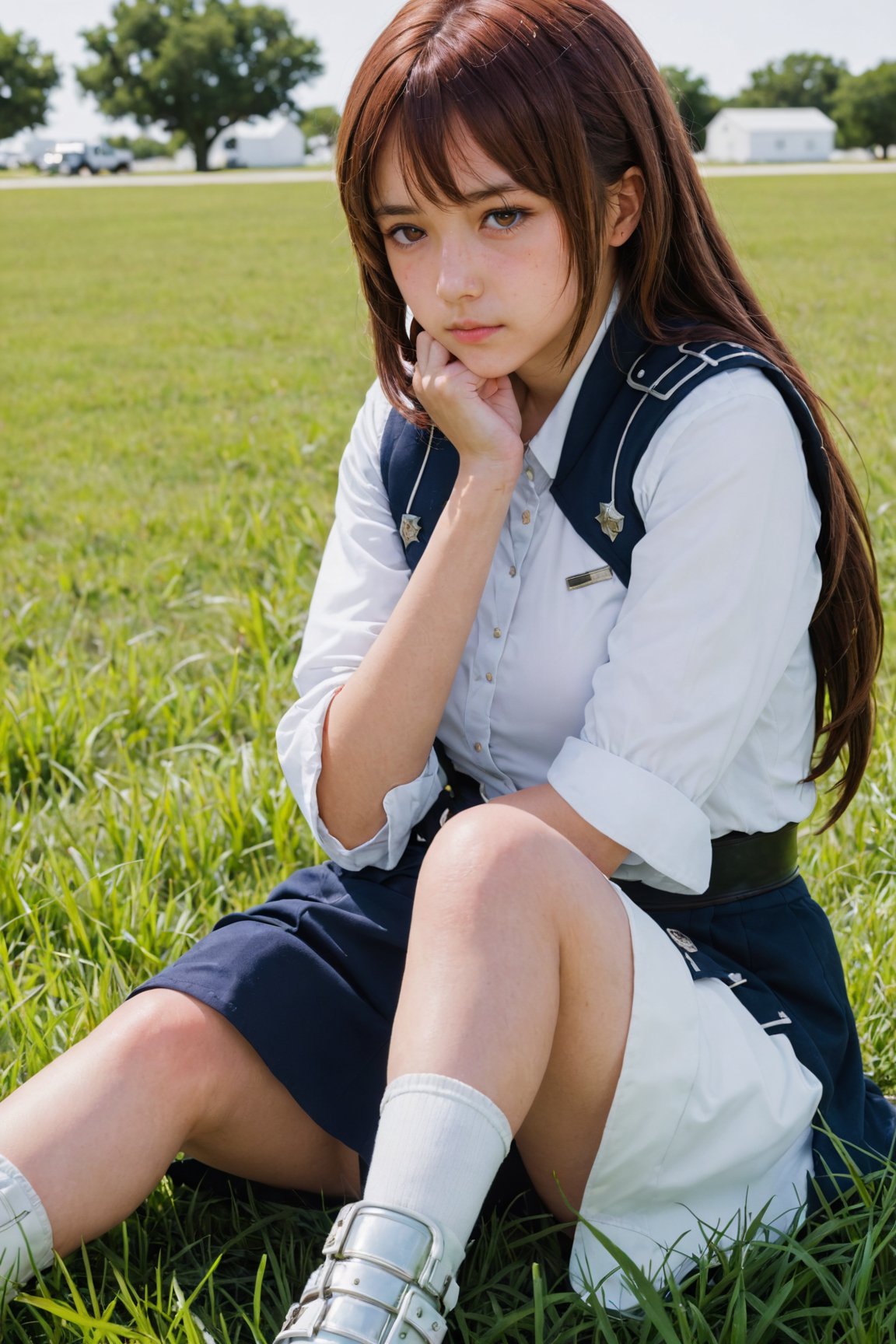 {{texas the omertosa (arknights)}}1girl,white background,White,sitting, grass, from side,head down,sad,solo,