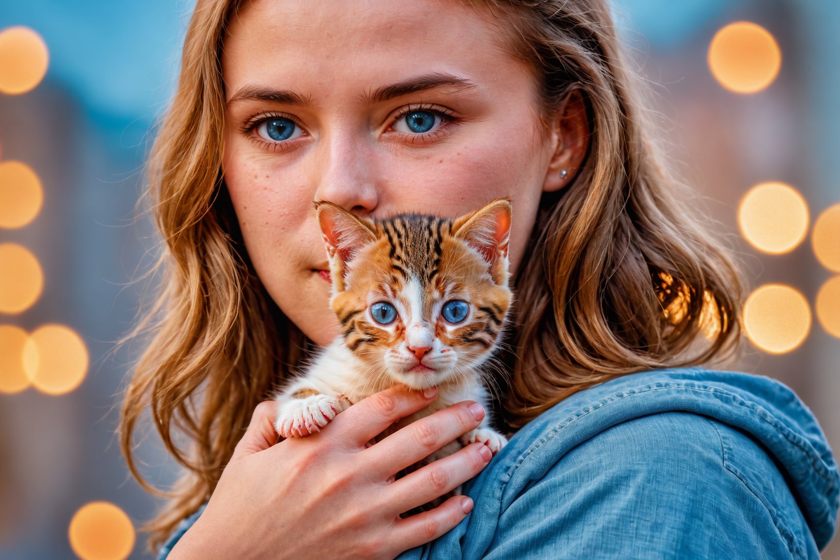 cinematic upper body photo a woman holding a kitten in her hands, ((best best quality)), ((masterpiece)), ((realistic)), (detailed), blush, (masterpiece), absurdres, HDR , . 35mm photograph, film, bokeh, professional, 4k, highly detailed, detailed skin texture, (goosebumps:0.5), subsurface scattering, pure skin, skin pores, blue eyes
