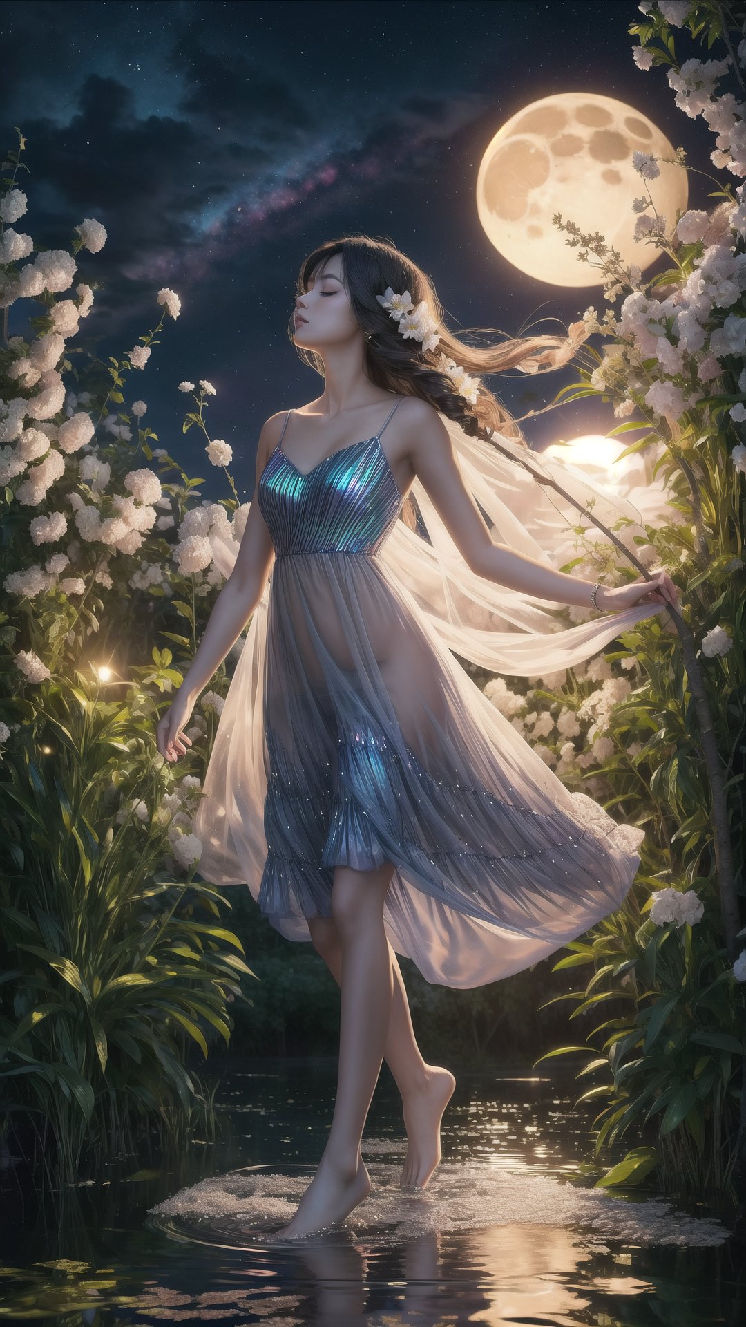 Masterpiece,  Best Quality,  highres,  1girl,  full body,  Beneath a star-studded sky,  a girl with wind-swept black hair dances amidst a moonlit garden. Her silken slip dress,  adorned with iridescent flower embroidery,  shimmers like moonlight on water. The whisper of her bare feet on the dew-soaked grass blends with the chirping of crickets,  creating a lullaby of the night. Her head tilted back,  eyes closed in serene delight,  she drinks in the intoxicating fragrance of blooming night jasmine. The camera focuses on the interplay of moonlight and shadow,  the delicate details of the floral embroidery,  and the ethereal,  almost supernatural beauty of the girl in perfect harmony with nature's nocturnal magic, Realism, Detailedface, Portrait,<lora:EMS-282379-EMS:0.800000>,<lora:EMS-93-EMS:0.500000>