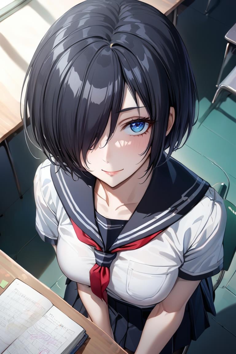 best quality, best aesthetic, ultra-detailed, masterpiece, BREAK1girl,solo, female, tsukinoexp, hair over one eyes, black hair, short hair, blue eyes, detailed eyes, detailed face,school uniform, serafuku, sailor collar, pleated skirt, panty hose, stockings, class room, green board, benches, chairs, school charts, books, table,  ,, looking at viewer, cowboy shot, light smile, colorful, vivid,   <lora:Tsukino_XL-000010:0.8>