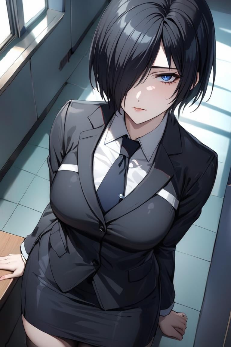 best quality, best aesthetic, ultra-detailed, masterpiece, BREAK1girl,solo, female, tsukinoexp, hair over one eyes, black hair, short hair, blue eyes, detailed eyes, detailed face,office lady, suit, blazer, shirt, tie, pencil skirt, panty hose, upperbody,standing, looking at viewer, cowboy shot, light smile, colorful, vivid,   <lora:Tsukino_XL-000010:0.8>