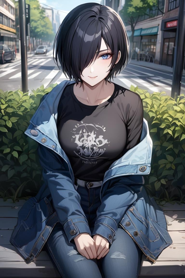 best quality, best aesthetic, ultra-detailed, masterpiece, BREAK1girl,solo, female, tsukinoexp, hair over one eyes, black hair, short hair, blue eyes, detailed eyes, detailed face,tshirt, jacket, overcoat, off shoulder, denim, denim clothes, jeans, sitting, bench, outdoors, trees, bushes, street, buildings, city, ,, looking at viewer, cowboy shot, light smile, colorful, vivid,   <lora:Tsukino_XL-000010:0.8>