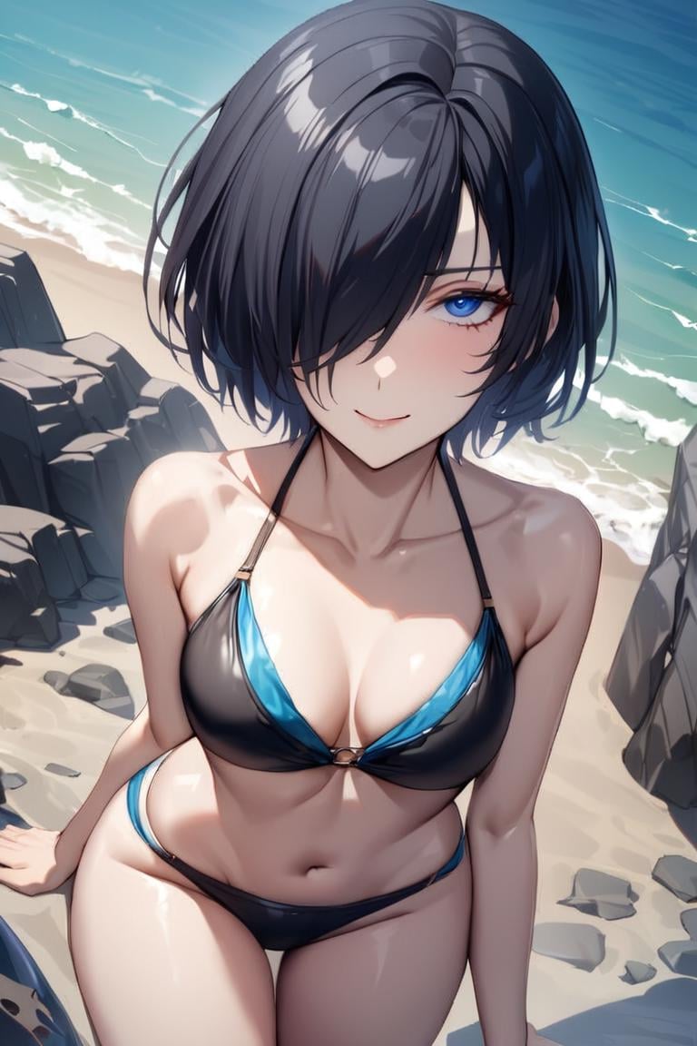 best quality, best aesthetic, ultra-detailed, masterpiece, BREAK1girl,solo, female, tsukinoexp, hair over one eyes, black hair, short hair, blue eyes, detailed eyes, detailed face,SFW, bikini, beach, ocean, outdoors, sand, water, waves, winds, ,, looking at viewer, cowboy shot, light smile, colorful, vivid, <lora:Tsukino_XL-000010:0.8>