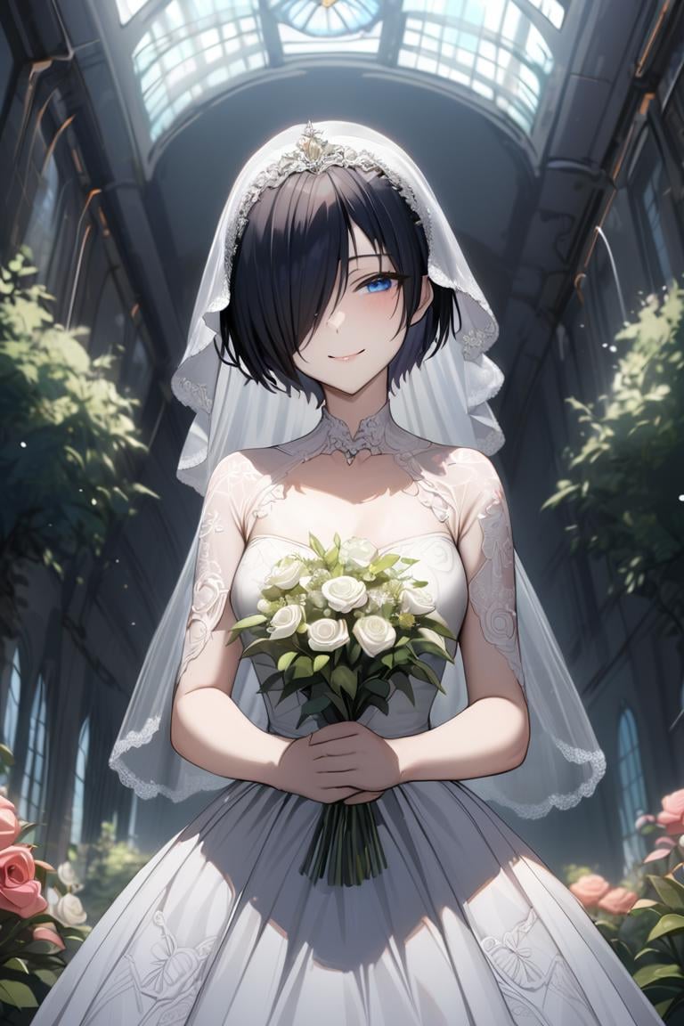 best quality, best aesthetic, ultra-detailed, masterpiece, BREAK1girl,solo, female, tsukinoexp, hair over one eyes, black hair, short hair, blue eyes, detailed eyes, detailed face,wedding dress, white dress, veil, wedding veil, holding flowers, flower garden, flowers, flowers in hands, ,  ,, looking at viewer, cowboy shot, light smile, colorful, vivid,   <lora:Tsukino_XL-000011:0.8>