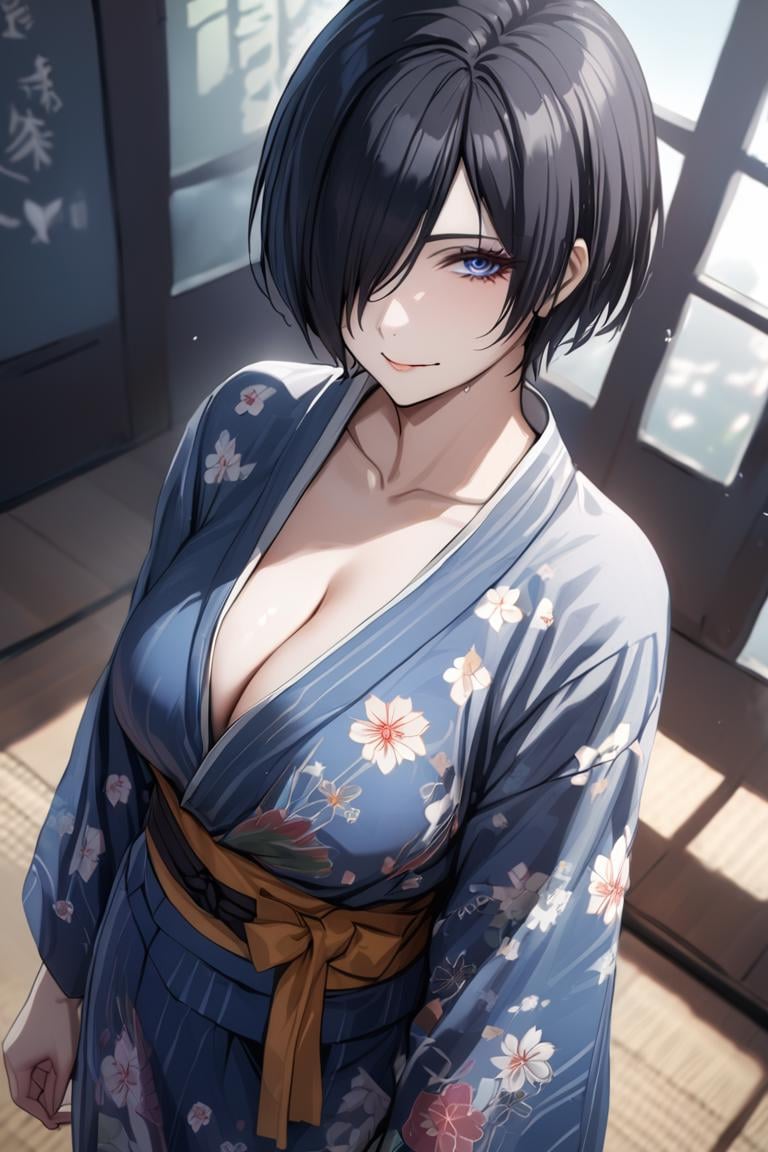 best quality, best aesthetic, ultra-detailed, masterpiece, BREAK1girl,solo, female, tsukinoexp, hair over one eyes, black hair, short hair, blue eyes, detailed eyes, detailed face,yukata, japanese clothes, loose clothing, oversized, cleavage,,  ,, looking at viewer, cowboy shot, light smile, colorful, vivid,   <lora:Tsukino_XL-000010:0.8>