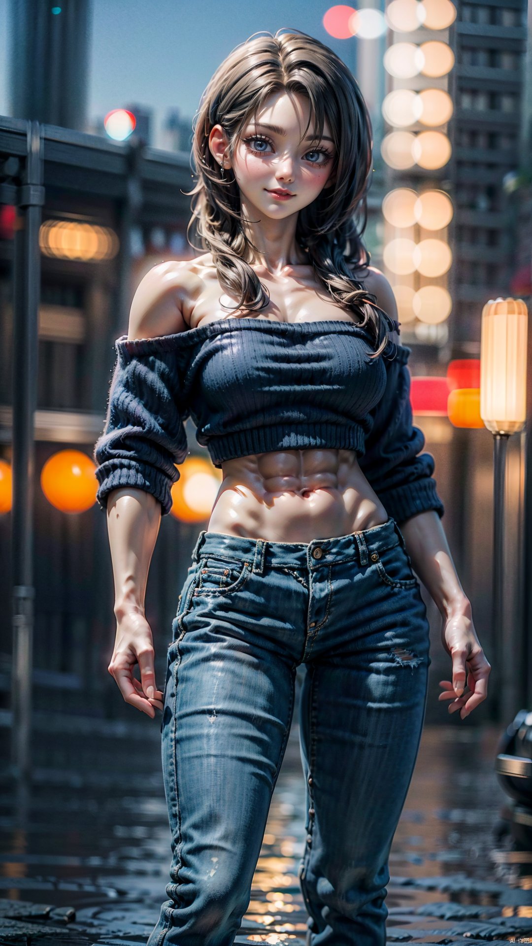 Lush 1girl,  (looking at viewer),  (bokeh:1.1),  closed mouth, light smile,  realistic,  ,  off shoulder, pants,  skyline, best quality,  (photorealistic:1.4),  ultra highres, ,  ((poakl)),  yunv,  BY MOONCRYPTOWOW,  BEYONDV4,  MUSCULAR FEMALE,  Girl,<lora:EMS-267958-EMS:0.600000>,<lora:EMS-80495-EMS:1.000000>,<lora:EMS-2121-EMS:0.800000>,<lora:EMS-277872-EMS:0.800000>,<lora:EMS-5907-EMS:0.800000>