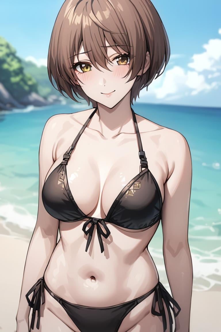 masterpiece, best quality, best aesthetic, ultra detailed, BREAK1girl, solo, female, kokorogiyutoriexp, brown hair, short hair, yellow eyes, medium breasts,bikini, side tie bikini, beach, ocean, navel, thighs, , outdoors,cowboy shot,  , looking at viewer, light smile, colorful, vivid, <lora:Kokorogi_Yutori_XL-000010:0.9>