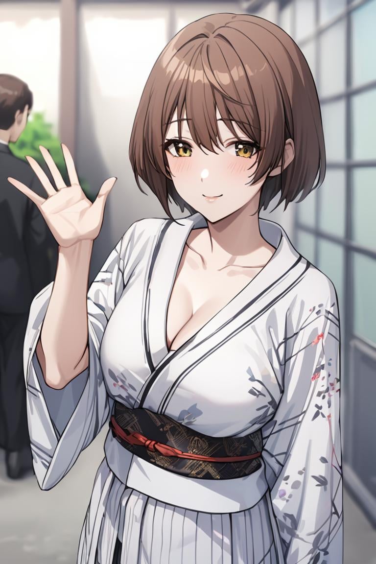 masterpiece, best quality, best aesthetic, ultra detailed, BREAK1girl, solo, female, kokorogiyutoriexp, brown hair, short hair, yellow eyes,yukata, japanese clothes, cleavage, waving hand, saying hi, , looking at viewer, light smile, colorful, vivid, <lora:Kokorogi_Yutori_XL-000010:0.8>