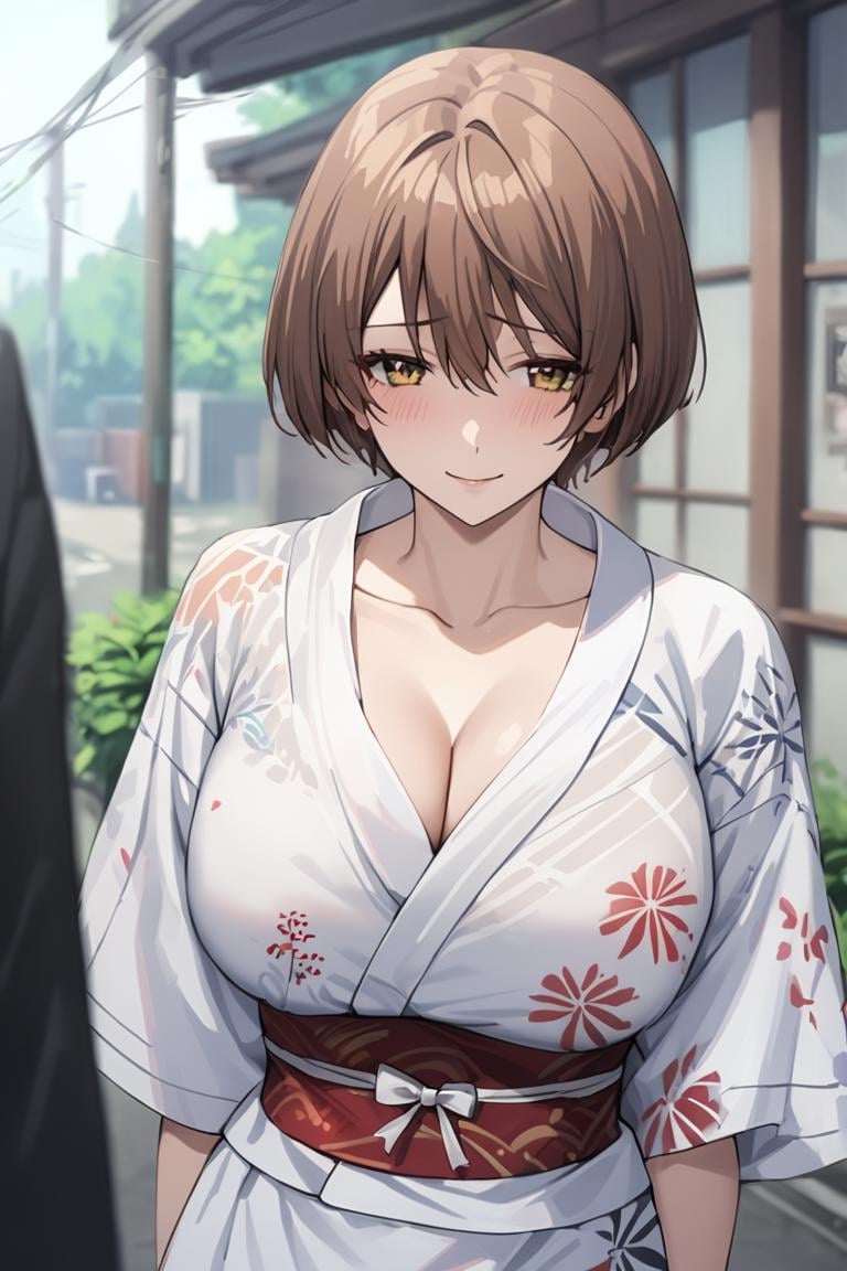 masterpiece, best quality, best aesthetic, ultra detailed, BREAK1girl, solo, female, kokorogiyutoriexp, brown hair, short hair, yellow eyes, large breasts,yukata, kimono, obi, japanese clothes, cleavage, standing, thighs,  , cowboy shot, outdoors, , looking at viewer, light smile, colorful, vivid, <lora:Kokorogi_Yutori_XL-000010:0.9>