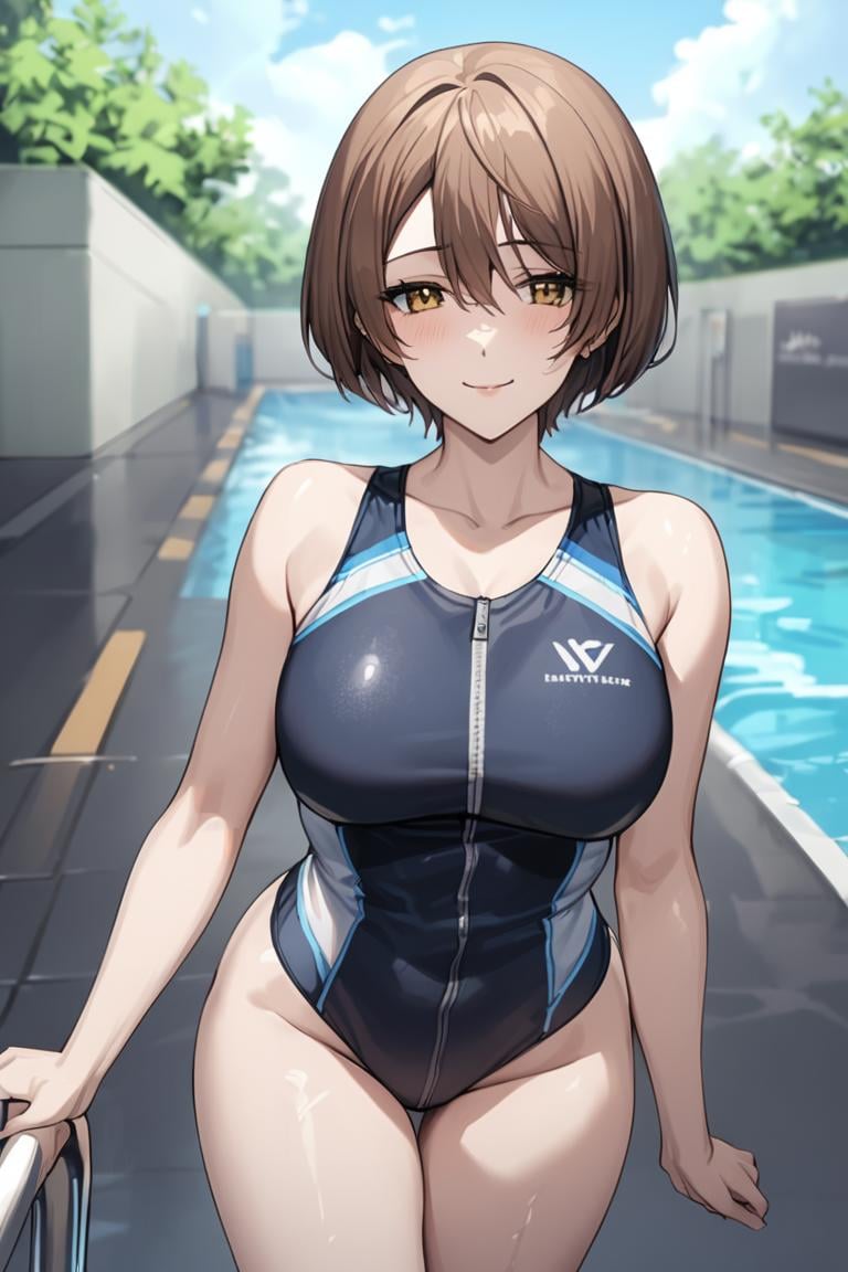 masterpiece, best quality, best aesthetic, ultra detailed, BREAK1girl, solo, female, kokorogiyutoriexp, brown hair, short hair, yellow eyes, large breasts,swimsuit, one piece swim suit, blue suit, swimming pool, water, standing, thighs, , cowboy shot, outdoors, , looking at viewer, light smile, colorful, vivid, <lora:Kokorogi_Yutori_XL-000010:0.9>