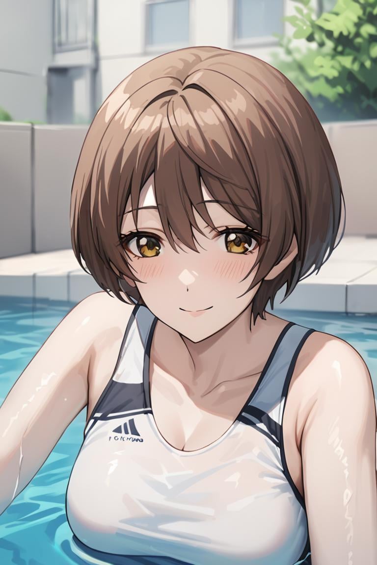 masterpiece, best quality, best aesthetic, ultra detailed, BREAK1girl, solo, female, kokorogiyutoriexp, brown hair, short hair, yellow eyes, swimsuit, one piece swim suit, swimming pool, water, , cowboy shot, outdoors, , looking at viewer, light smile, colorful, vivid, <lora:Kokorogi_Yutori_XL-000010:0.9>