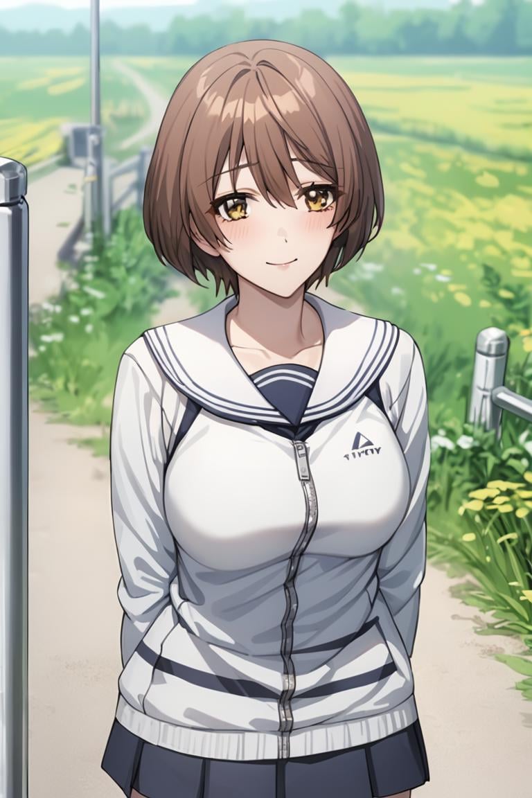 masterpiece, best quality, best aesthetic, ultra detailed, BREAK1girl, solo, female, kokorogiyutoriexp, brown hair, short hair, yellow eyes, prairie, blue dress, short skirt, thighs, sfw, standing, cowboy shot, outdoors, , looking at viewer, light smile, colorful, vivid, <lora:Kokorogi_Yutori_XL-000010:0.9>