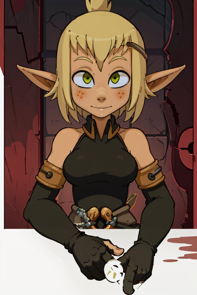 (masterpiece), (best quality: 1.6), studio lighting, (uncompressed image), (linear: 1.1), absurdities, official art, (sharp focus), 8k UHD, high resolution, expressive eyes, perfect face, ((Wakfu serie)), ((evangelyne character)), 1girl, solo, blush, smile, short hair, blonde hair, gloves, bare shoulders, green eyes, upper body, detached sleeves, pointy ears, elbow gloves, letterboxed, elf