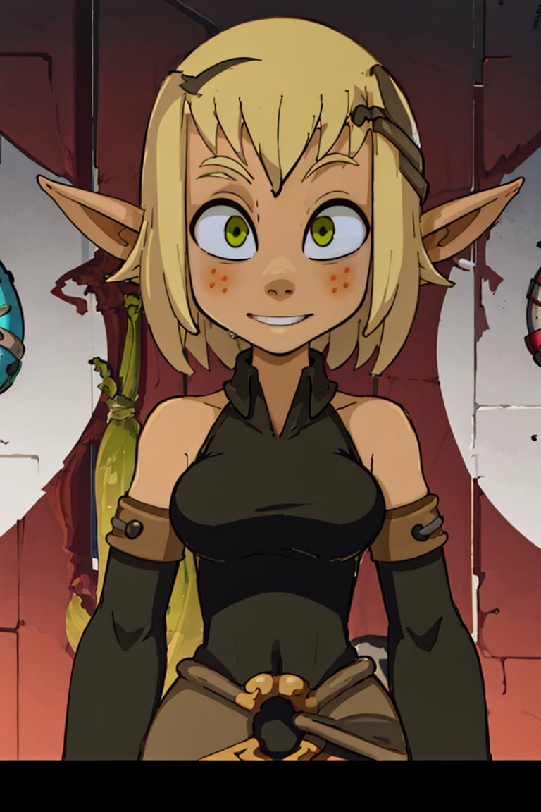 (masterpiece), (best quality: 1.6), studio lighting, (uncompressed image), (linear: 1.1), absurdities, official art, (sharp focus), 8k UHD, high resolution, expressive eyes, perfect face, ((Wakfu serie)), ((evangelyne character)), 1girl, solo, blush, smile, short hair, blonde hair, gloves, bare shoulders, green eyes, upper body, detached sleeves, pointy ears, elbow gloves, letterboxed, elf