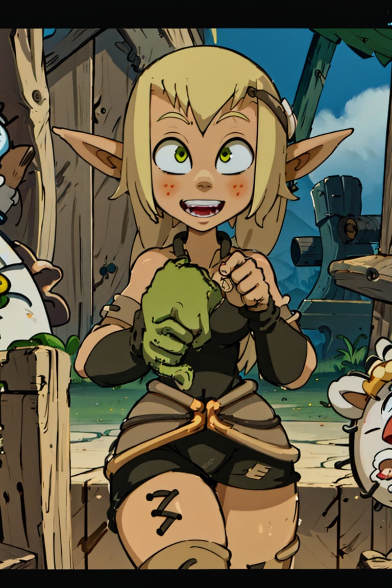 (masterpiece), (best quality: 1.6), studio lighting, (uncompressed image), (linear: 1.1), absurdities, official art, (sharp focus), 8k UHD, high resolution, expressive eyes, perfect face, ((Wakfu serie)), ((wakfu character)), long hair, smile, open mouth, multiple girls, blonde hair, hair ornament, gloves, hat, 2girls, weapon, flower, green hair, multiple boys, pointy ears, hair flower, dark skin, 2boys, orange hair, grin, facial hair, 3boys, letterboxed, axe