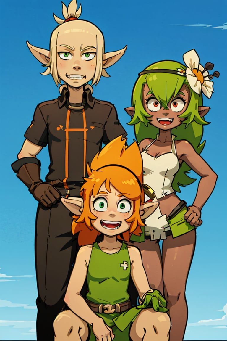 (masterpiece), (best quality: 1.6), studio lighting, (uncompressed image), (linear: 1.1), absurdities, official art, (sharp focus), 8k UHD, high resolution, expressive eyes, perfect face, ((Wakfu serie)), ((wakfu character)), long hair, smile, open mouth, multiple girls, blonde hair, hair ornament, gloves, hat, 2girls, weapon, flower, green hair, multiple boys, pointy ears, hair flower, dark skin, 2boys, orange hair, grin, facial hair, 3boys, letterboxed, axe