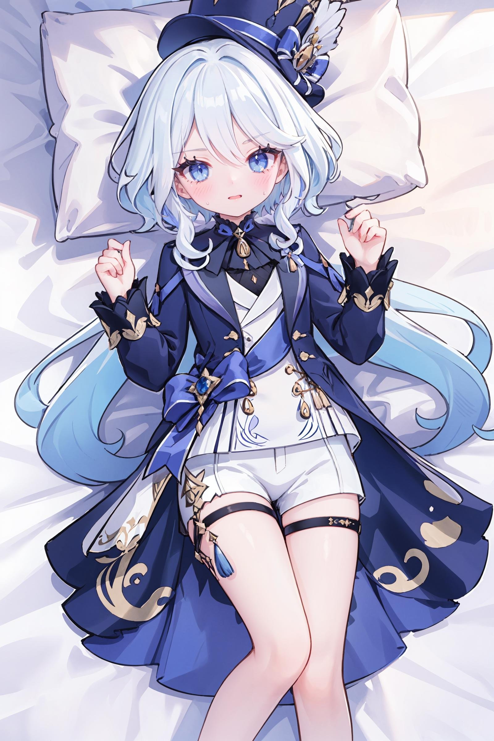 1girl, furina \(genshin impact\), top hat, blue jacket, short shorts, thigh strap, waist cape, looking at viewer, glaring, blush, tears, lying, bed sheet, hands up