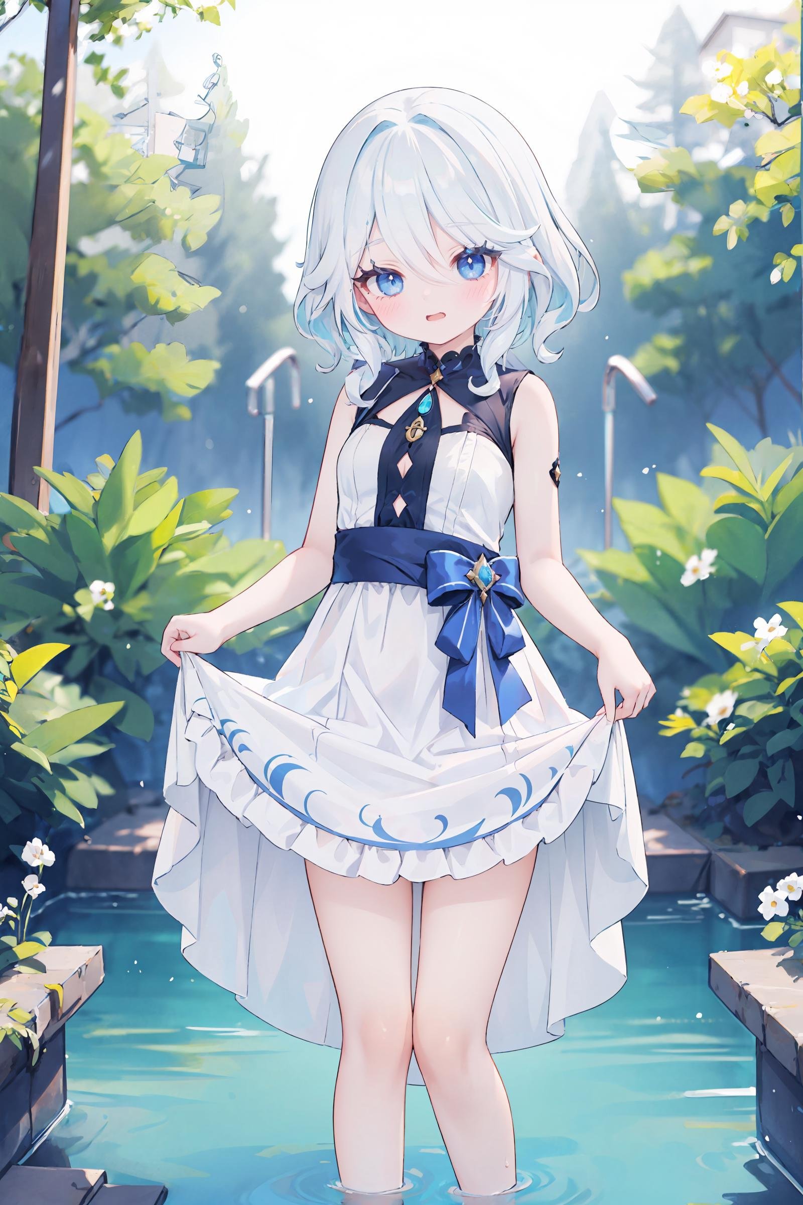 1girl, furina \(genshin impact\),  (sundress, white dress, sleeveless dress:1.2), bare legs, stream, wading, (skirt hold, curtsey: 1.2), looking at viewer, laughing, forest, depth of field