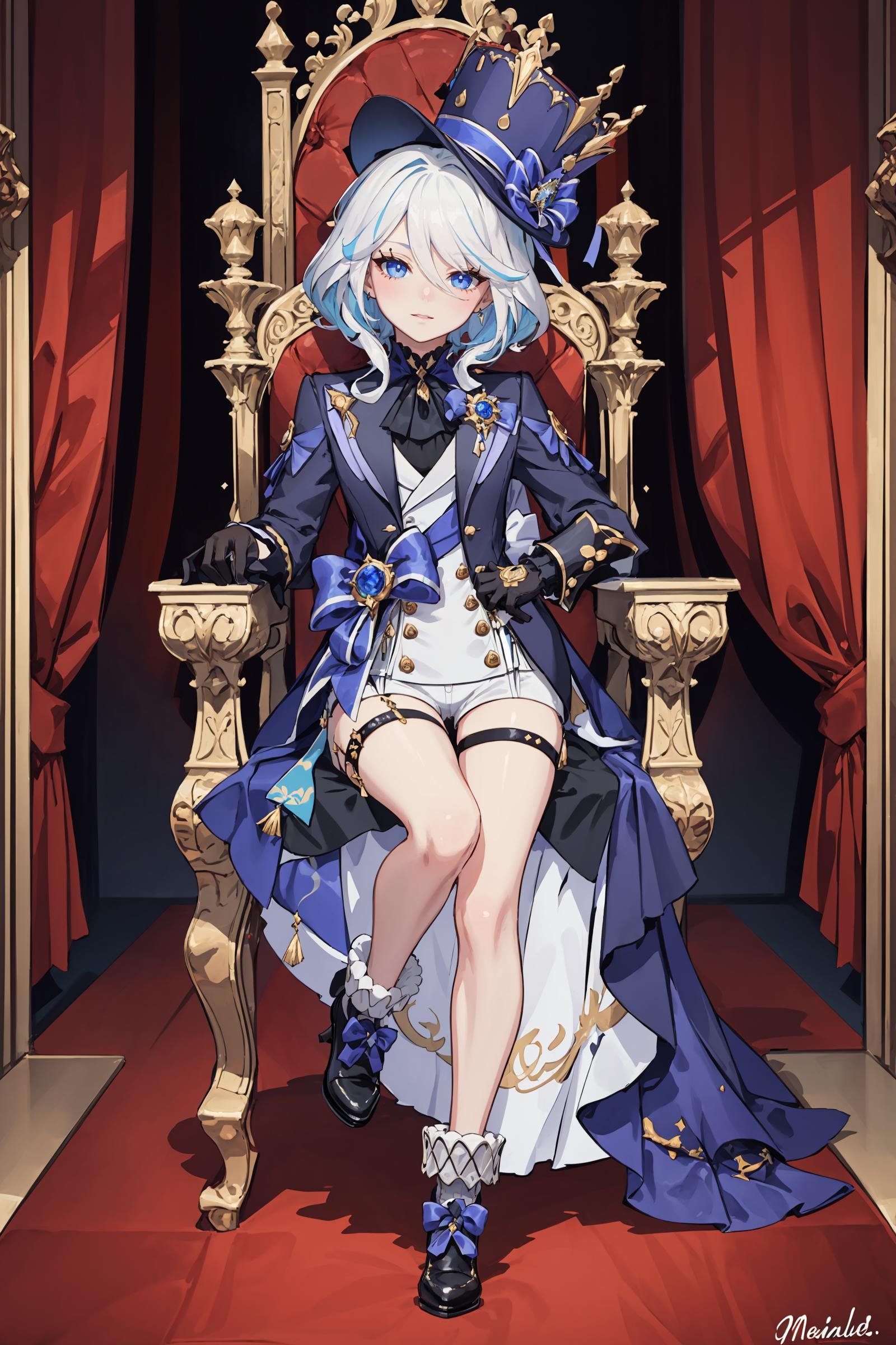 1girl, furina \(genshin impact\), mismatched gloves, top hat, blue jacket, short shorts, thigh strap, high heels, frilled socks, waist cape, looking at viewer, sitting, smirk, throne, indoors