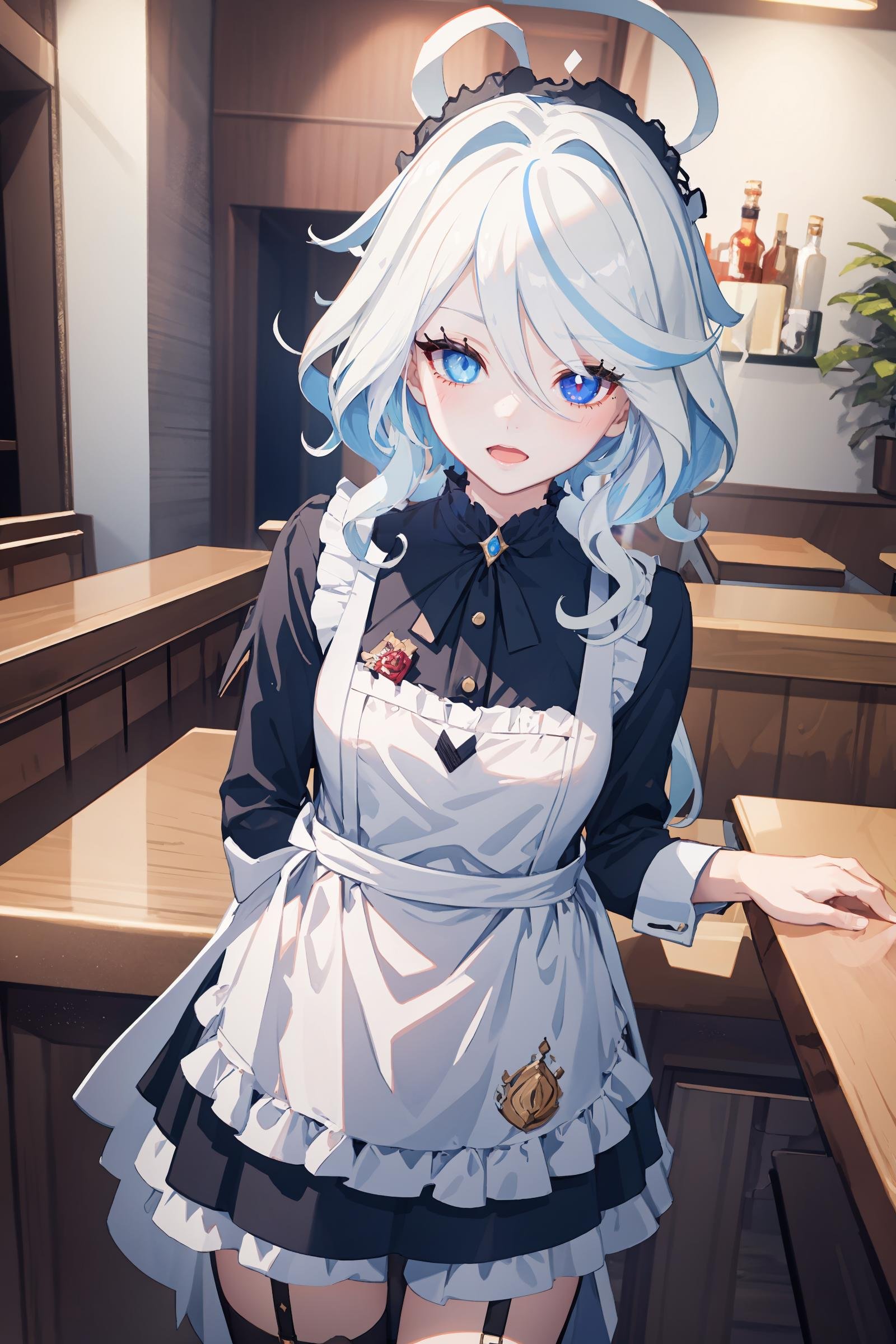 1girl, furina \(genshin impact\), heterochromia, miad, maid headdress, maid apron, embarrassed, open mouth, blush, light frown, looking at viewer, cowboy shot, bar \(place\), indoors, depth of field, (extremely detailed CG unity 8k wallpaper,masterpiece, best quality, ultra-detailed, beautiful detailed eyes:1.2)