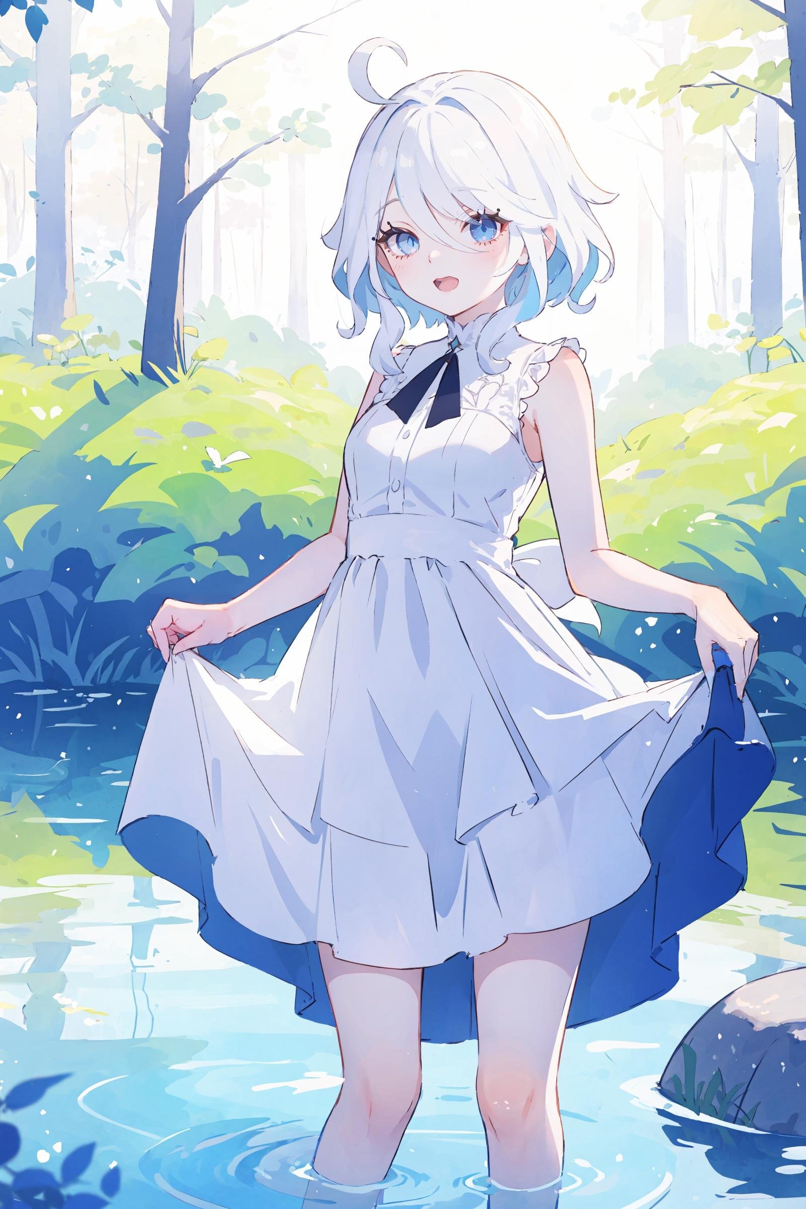 1girl, furina \(genshin impact\), heterochromia,  (sundress, white dress, sleeveless dress:1.2), bare legs, stream, wading, (skirt hold, curtsey: 1.2), looking at viewer, laughing, forest, depth of field