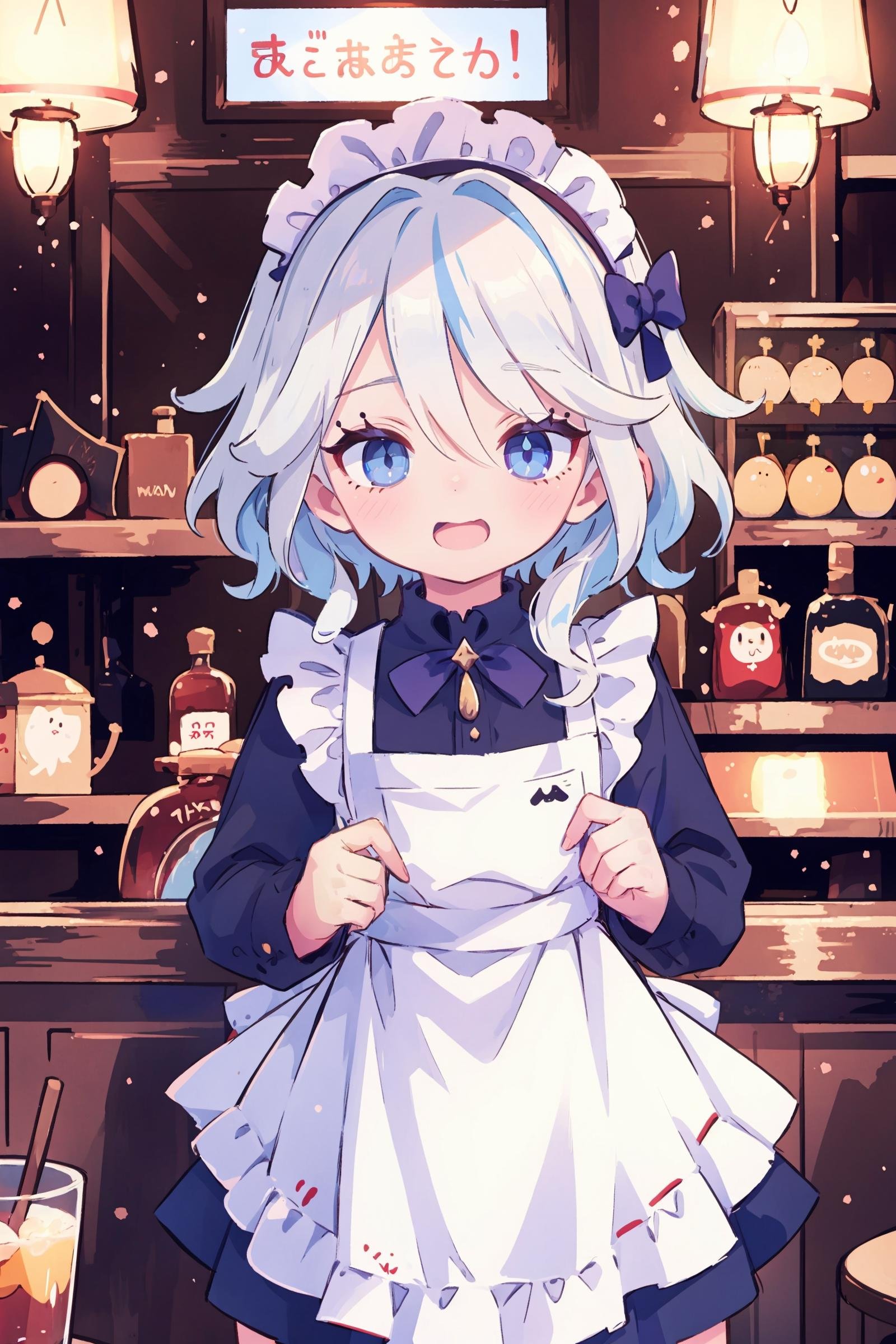 1girl, furina \(genshin impact\), heterochromia, miad, maid headdress, maid apron, embarrassed, open mouth, blush, light frown, looking at viewer, cowboy shot, bar \(place\), indoors, depth of field