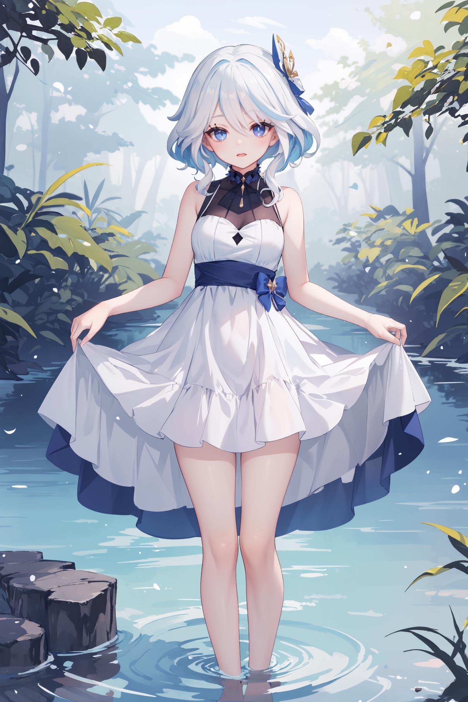 1girl, furina \(genshin impact\), heterochromia,  (sundress, white dress, sleeveless dress:1.2), bare legs, stream, wading, (skirt hold, curtsey: 1.2), looking at viewer, laughing, forest, depth of field