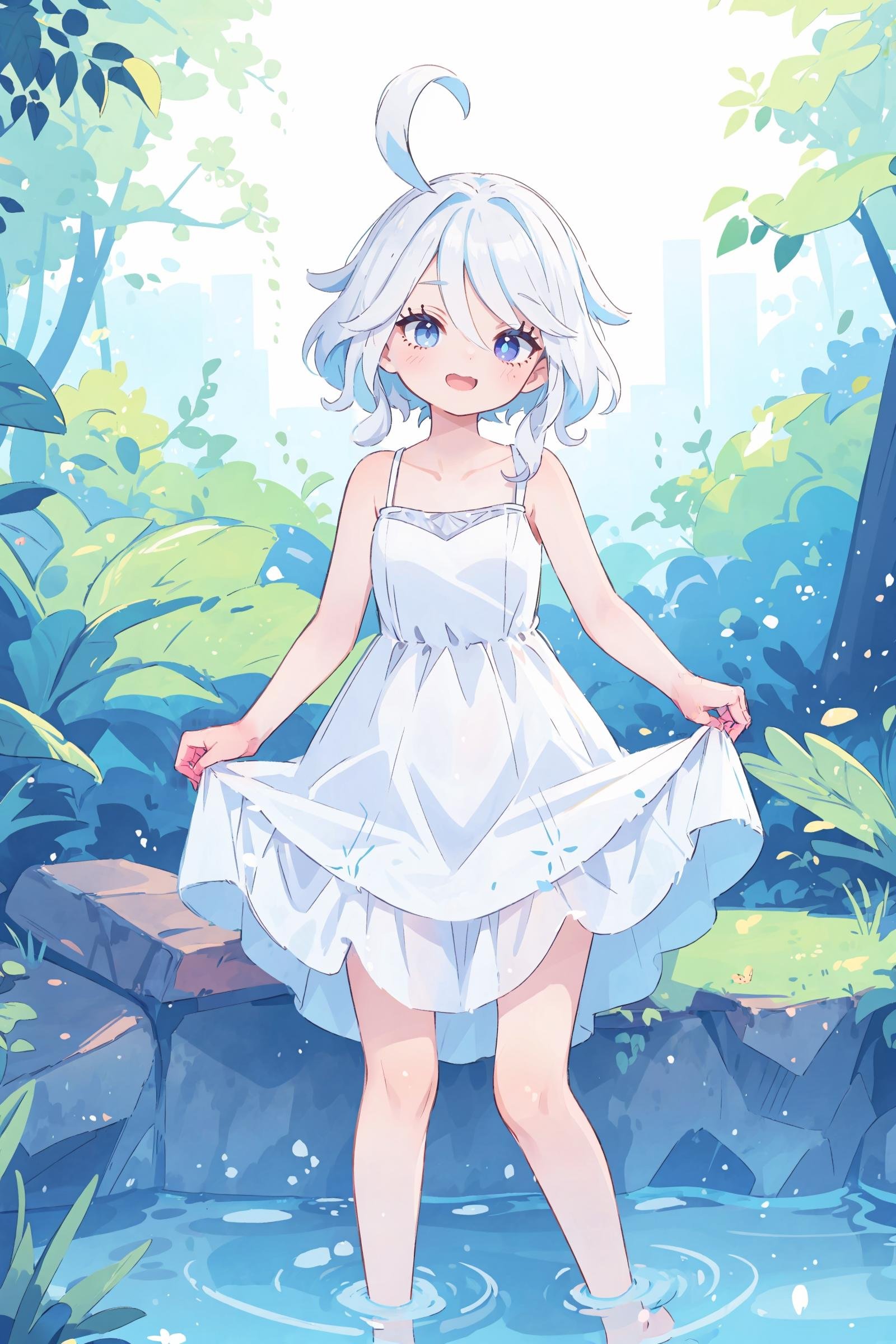 1girl, furina \(genshin impact\), heterochromia,  (sundress, white dress, sleeveless dress:1.2), bare legs, stream, wading, (skirt hold, curtsey: 1.2), looking at viewer, laughing, forest, depth of field