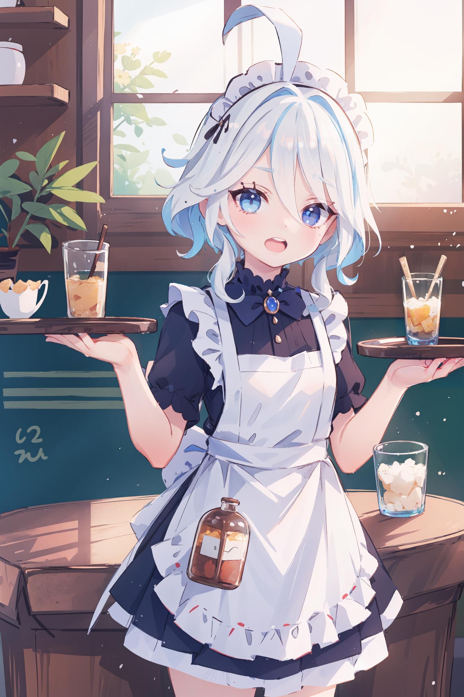 1girl, furina \(genshin impact\), heterochromia, miad, maid headdress, maid apron, embarrassed, open mouth, blush, light frown, looking at viewer, cowboy shot, bar \(place\), indoors, depth of field