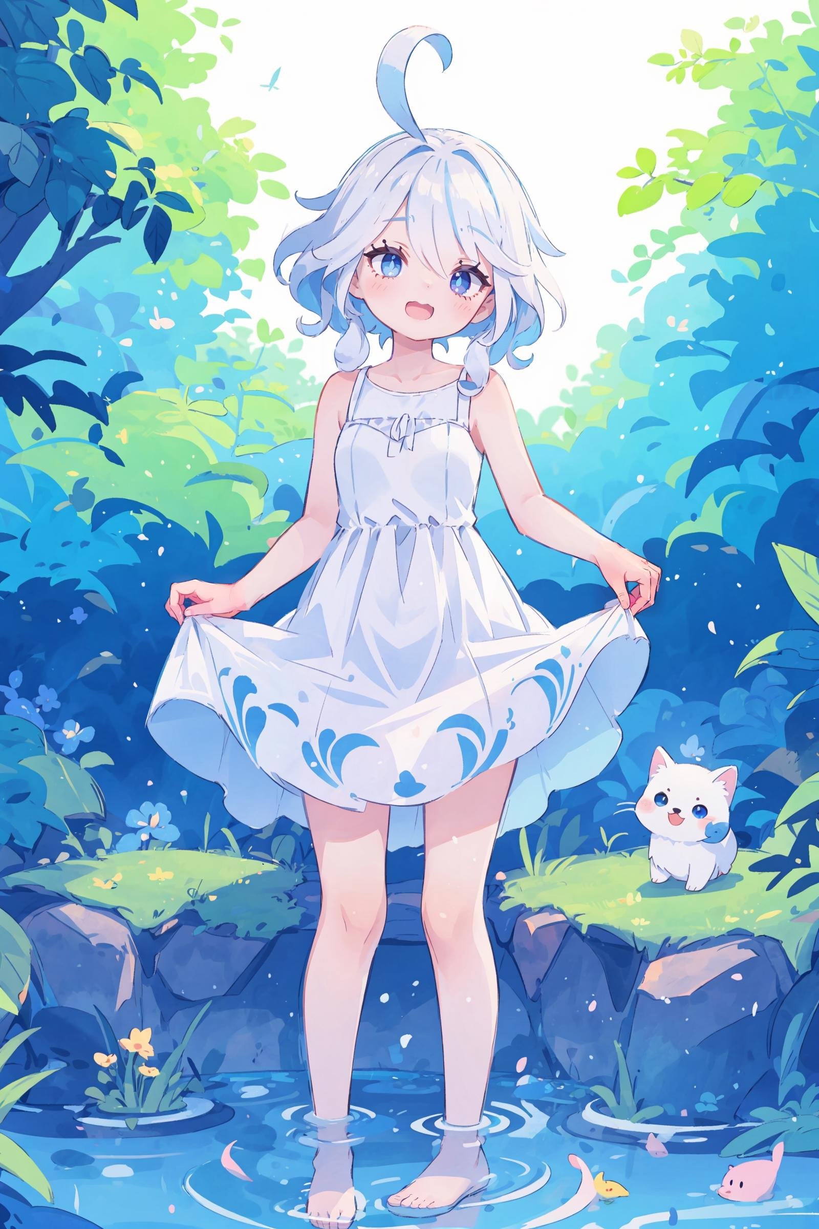 1girl, furina \(genshin impact\), heterochromia,  (sundress, white dress, sleeveless dress:1.2), bare legs, stream, wading, (skirt hold, curtsey: 1.2), looking at viewer, laughing, forest, depth of field