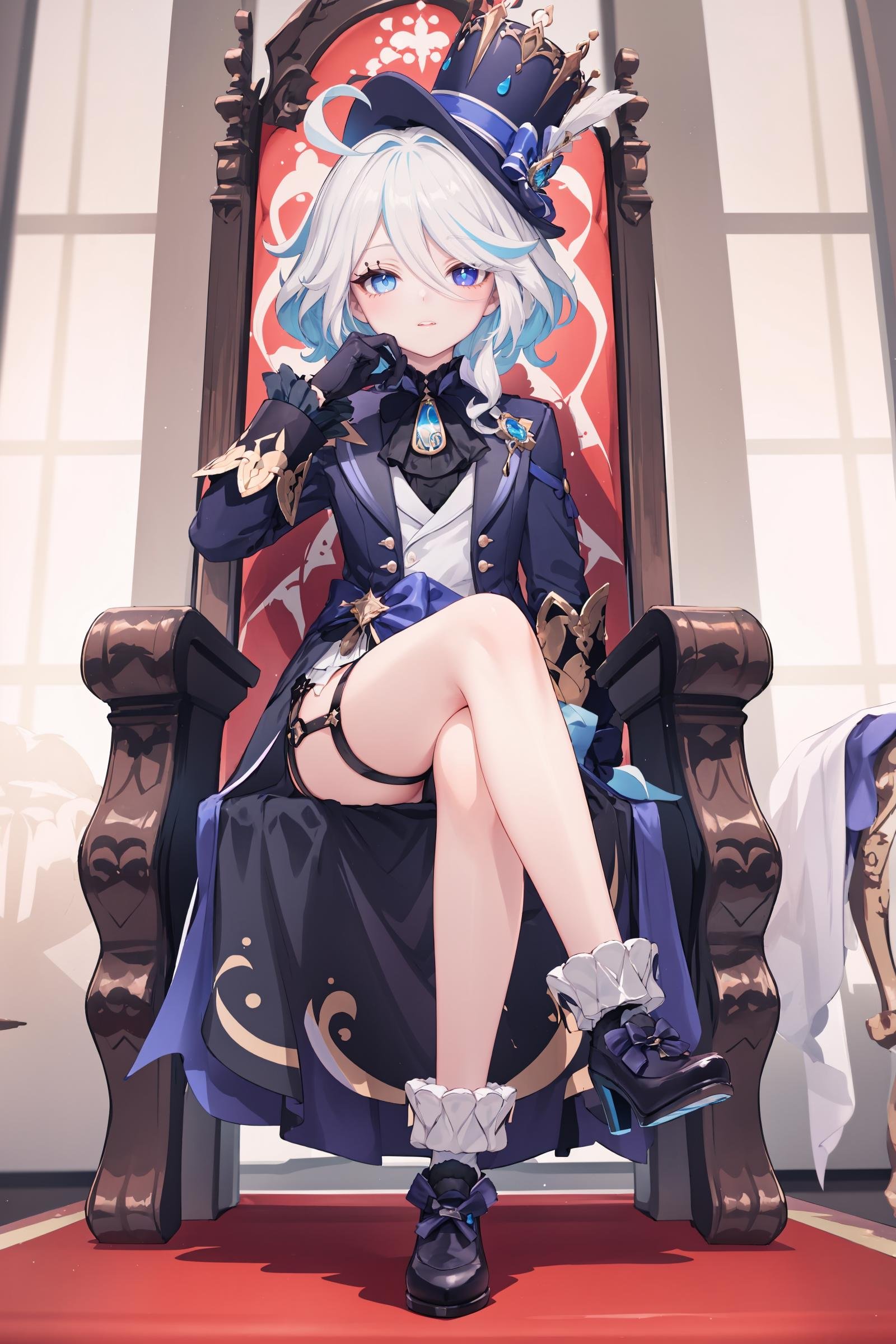 1girl, furina \(genshin impact\), heterochromia, mismatched gloves, top hat, blue jacket, short shorts, thigh strap, high heels, frilled socks, waist cape, looking at viewer, sitting, smirk, throne, indoors