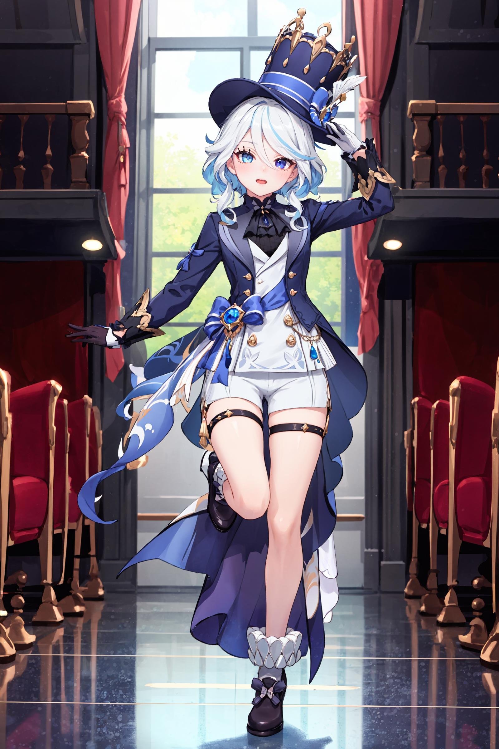 1girl, furina \(genshin impact\), heterochromia, mismatched gloves, top hat, blue jacket, short shorts, thigh strap, high heels, frilled socks, waist cape, looking at viewer, dancing, happy, theater, depth of field, indoors