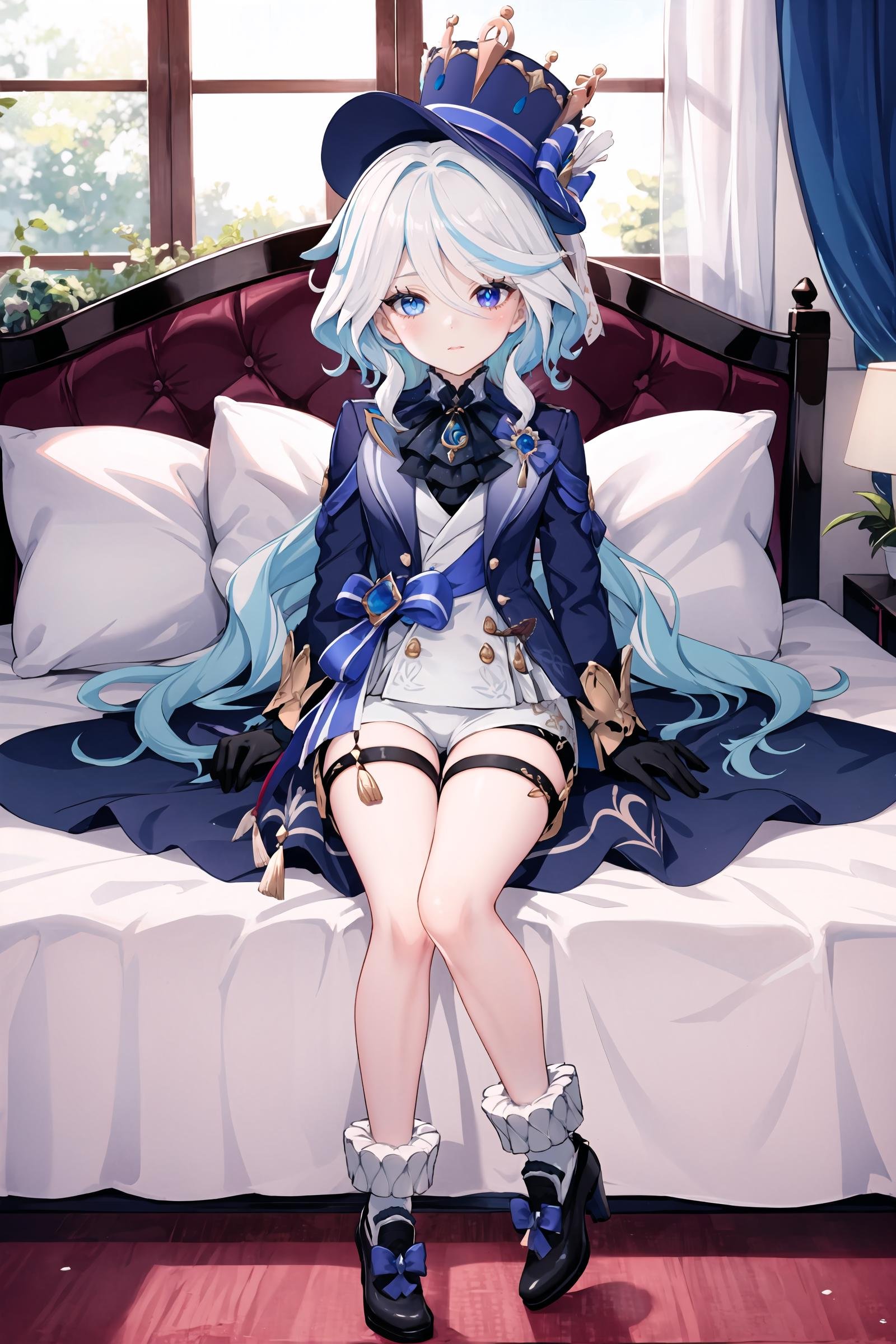 1girl, furina \(genshin impact\), heterochromia, mismatched gloves, top hat, blue jacket, ascot, waist bow, short shorts, thigh strap, high heels, frilled socks, waist cape, looking at viewer, light frown, shy, blush, reclining, yokozuwari, bed, bedroom, indoors, depth of field, masterpiece