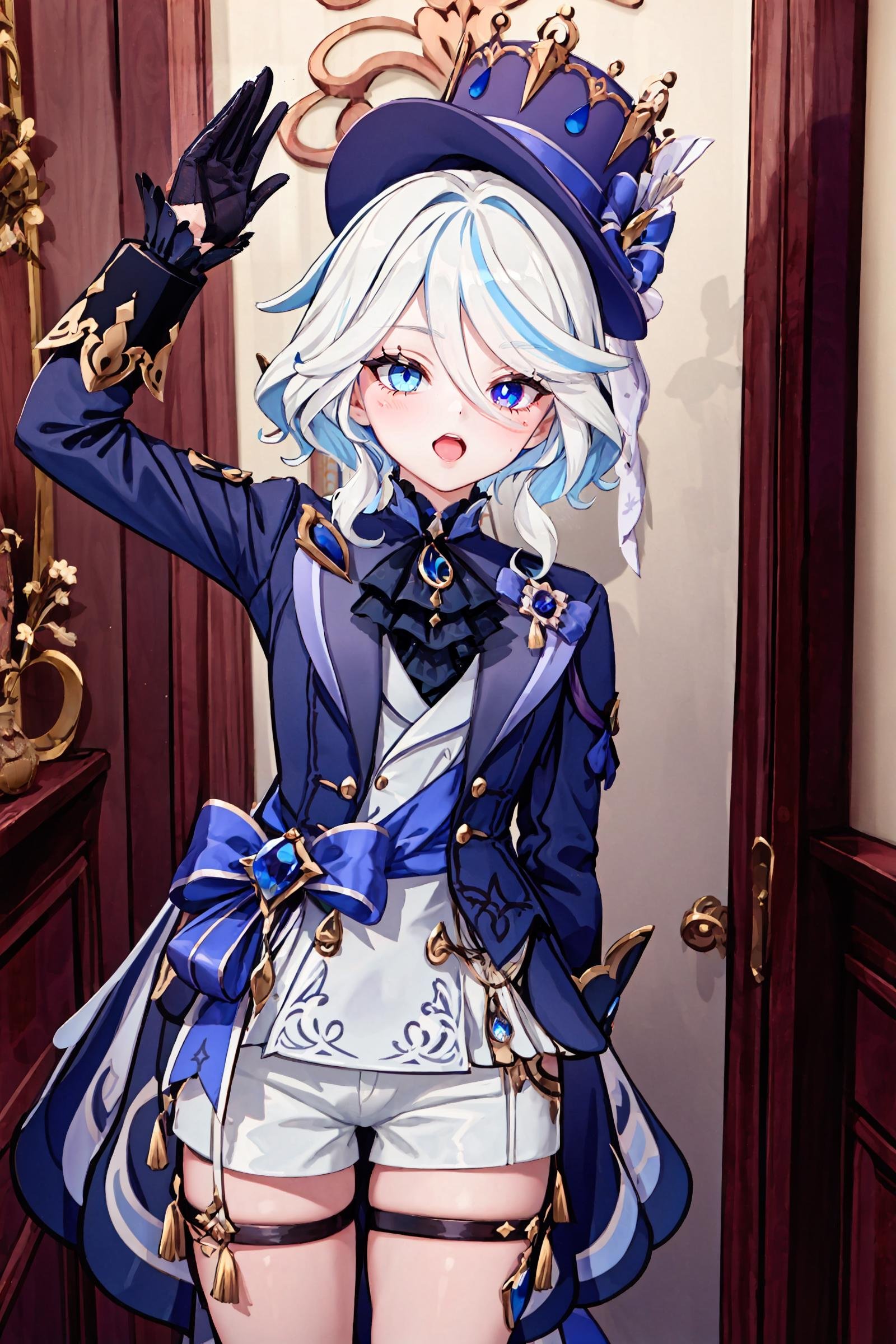 1girl, furina \(genshin impact\), heterochromia, mismatched gloves, top hat, blue jacket, ascot, waist bow, short shorts, thigh strap, waist cape, looking at viewer, smug, open mouth, naughty face, ojou-sama pose, cowboy shot, theater, indoors,  <lora:Smug:1>, masterpiece